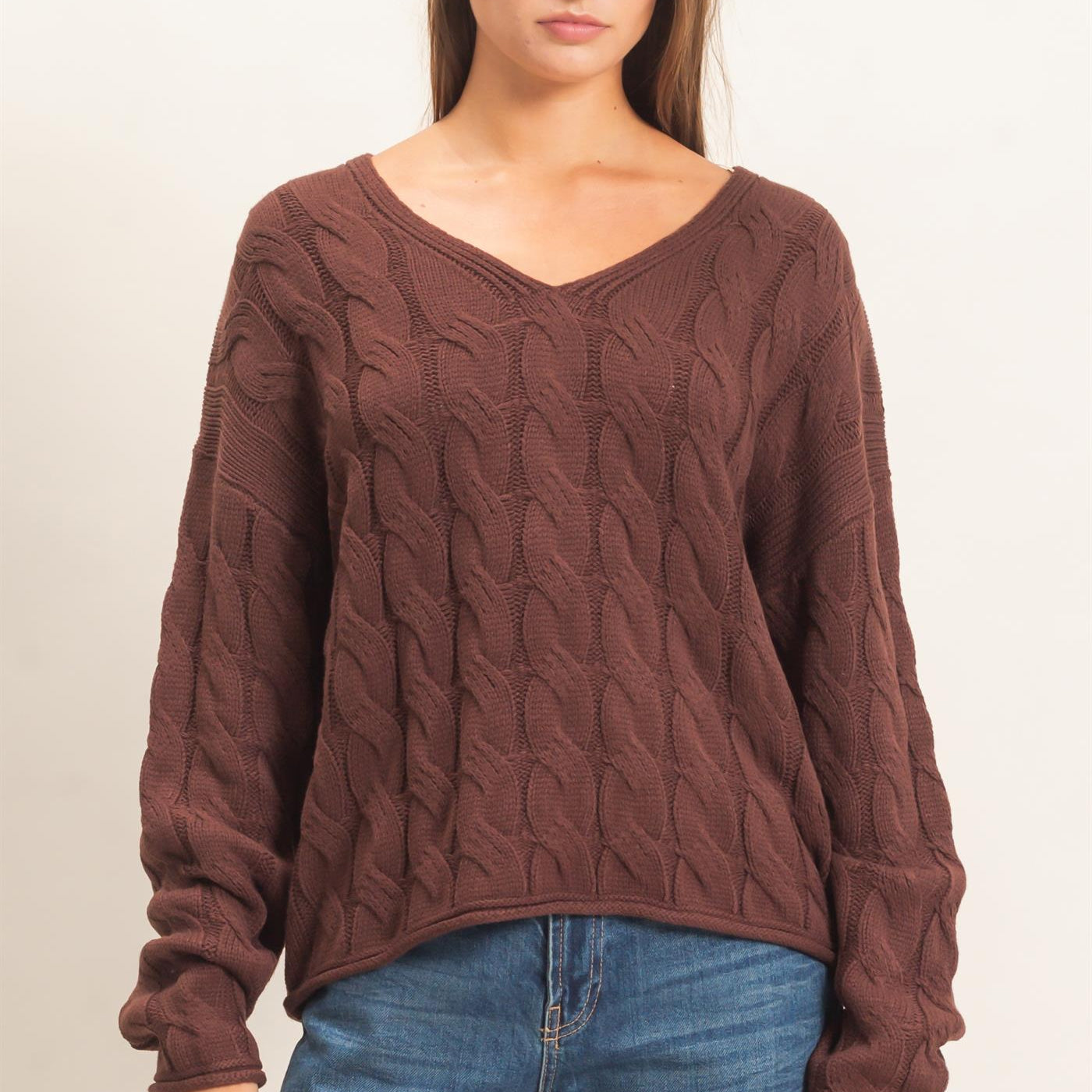 Wholesale Cable Knit V-Neck Sweater Sweaters DZ26E087 DARK BROWN DOUBLE ZERO