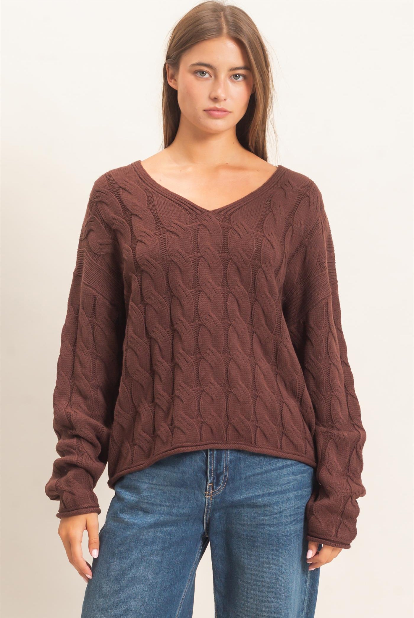 Wholesale Cable Knit V-Neck Sweater Sweaters DZ26E087 DARK BROWN DOUBLE ZERO