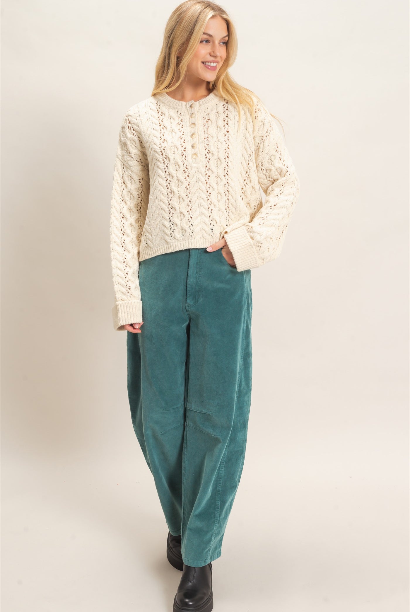 Wholesale Cable Knit Henley Sweaters HF26E552 CREAM HYFVE