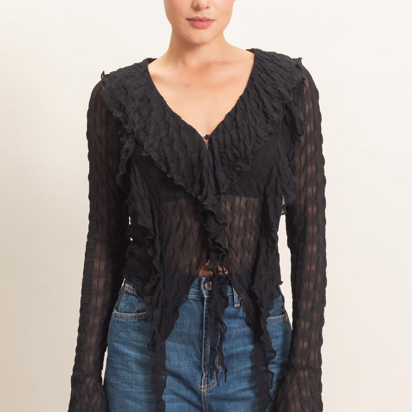 Wholesale Textured V-Neck Tie Front Top Blouses HF26F072 BLACK HYFVE