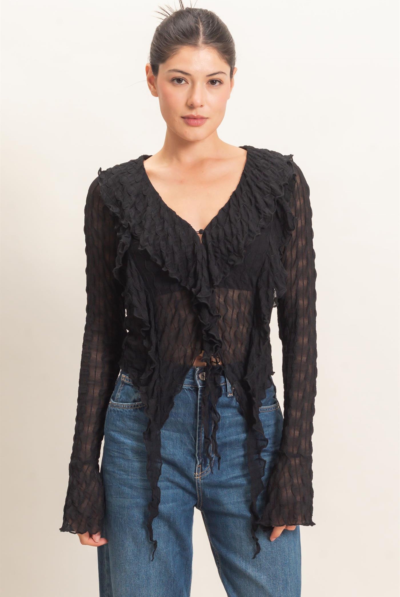 Wholesale Textured V-Neck Tie Front Top Blouses HF26F072 BLACK HYFVE