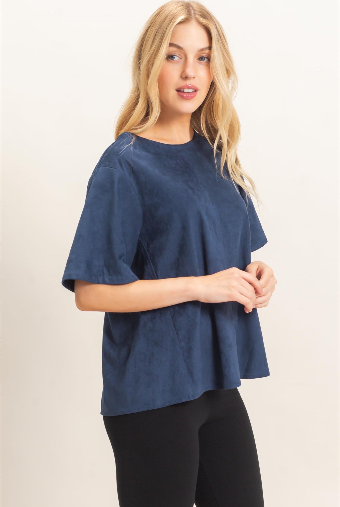 Wholesale Suede Boat Neck Top Clothing Tops HF26E351 MIDNIGHT NAVY HYFVE
