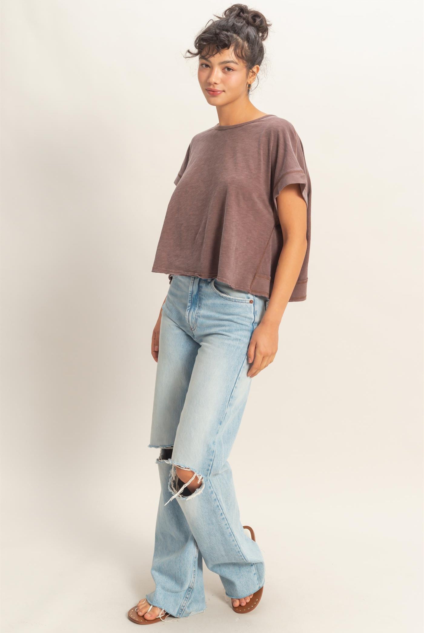 Wholesale Acid Wahsed Cross Detail Open Back Top Clothing Tops DZ26A225 CHOCOLATE DOUBLE ZERO