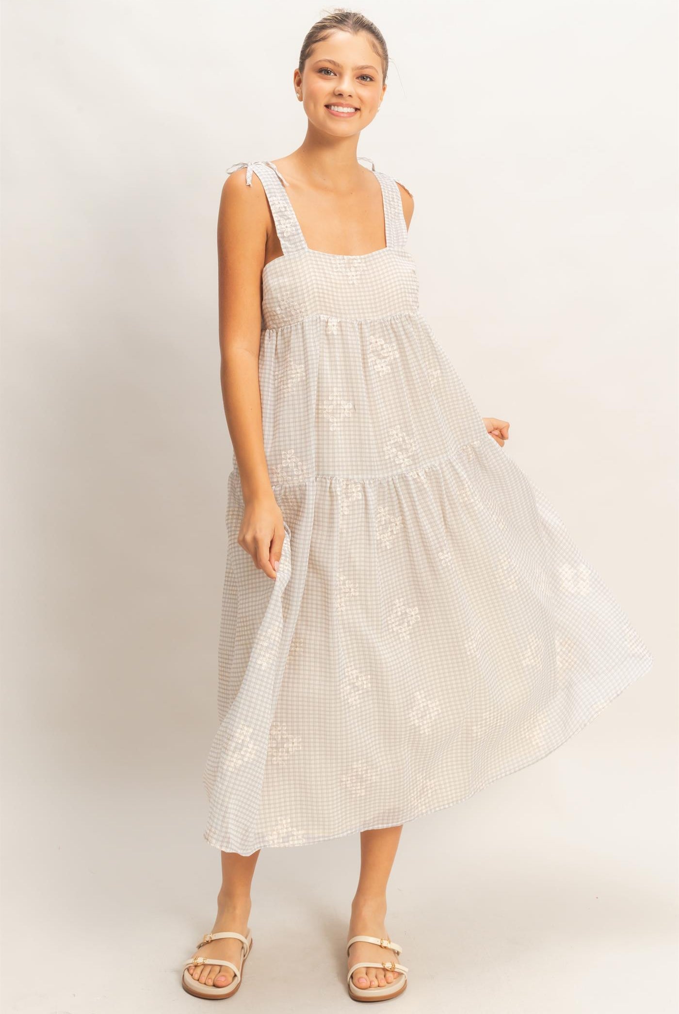 Wholesale Tiered Gingham Dress With Embroidery Dresses HF26A695 DARK MAUVE HYFVE