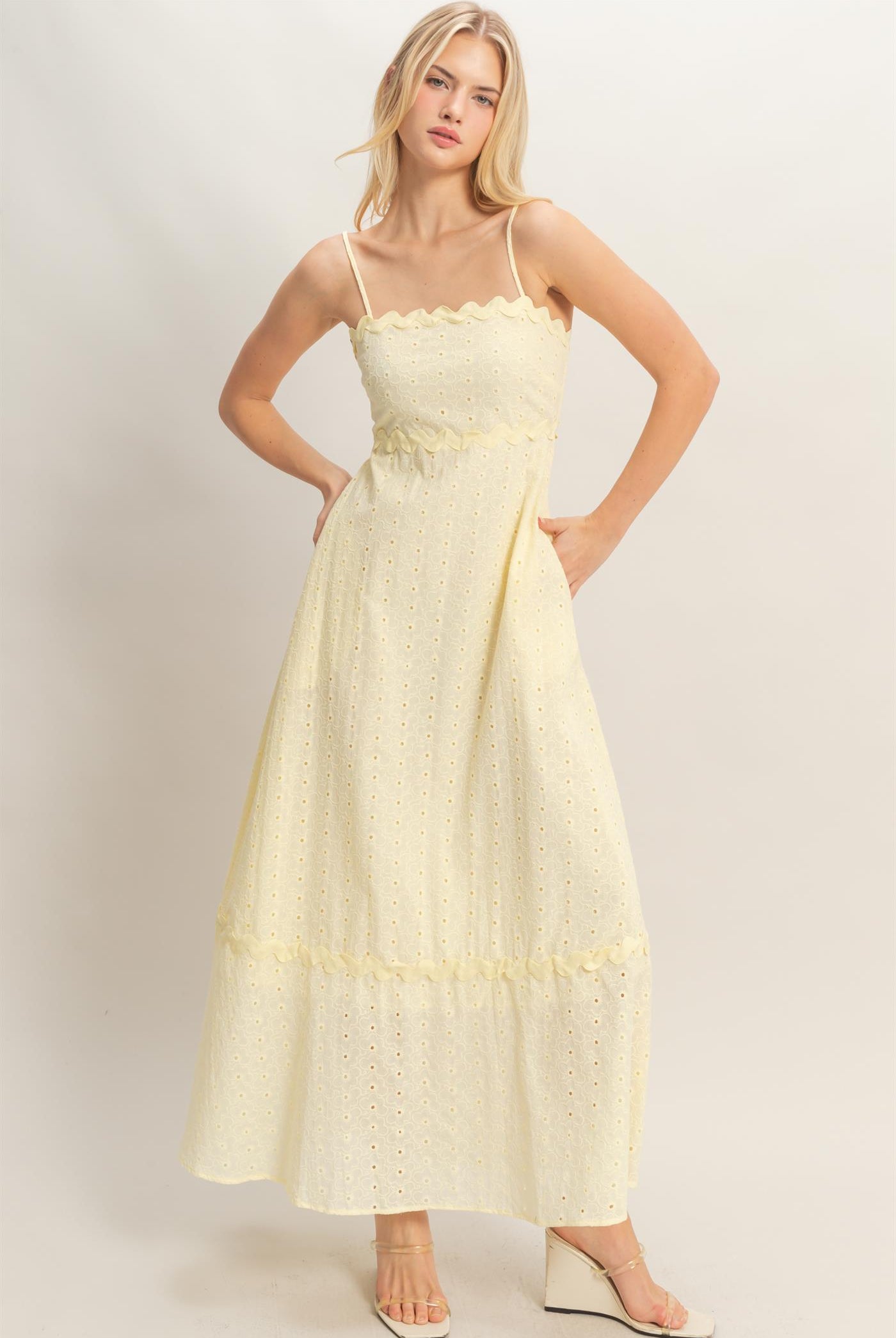 Wholesale Scallop Trim Eyelet Midi Dress Dresses HF26A694 BUTTER YELLOW HYFVE
