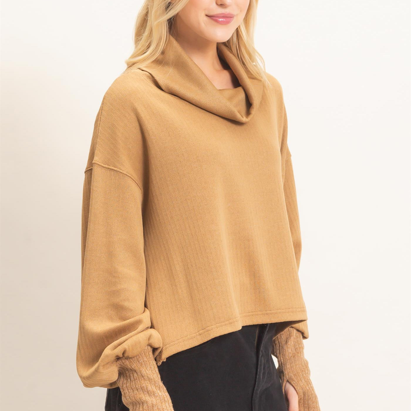 Wholesale Loose Turtleneck Long Sleeve Top Clothing Tops HF26F258 LIGHT BROWN HYFVE