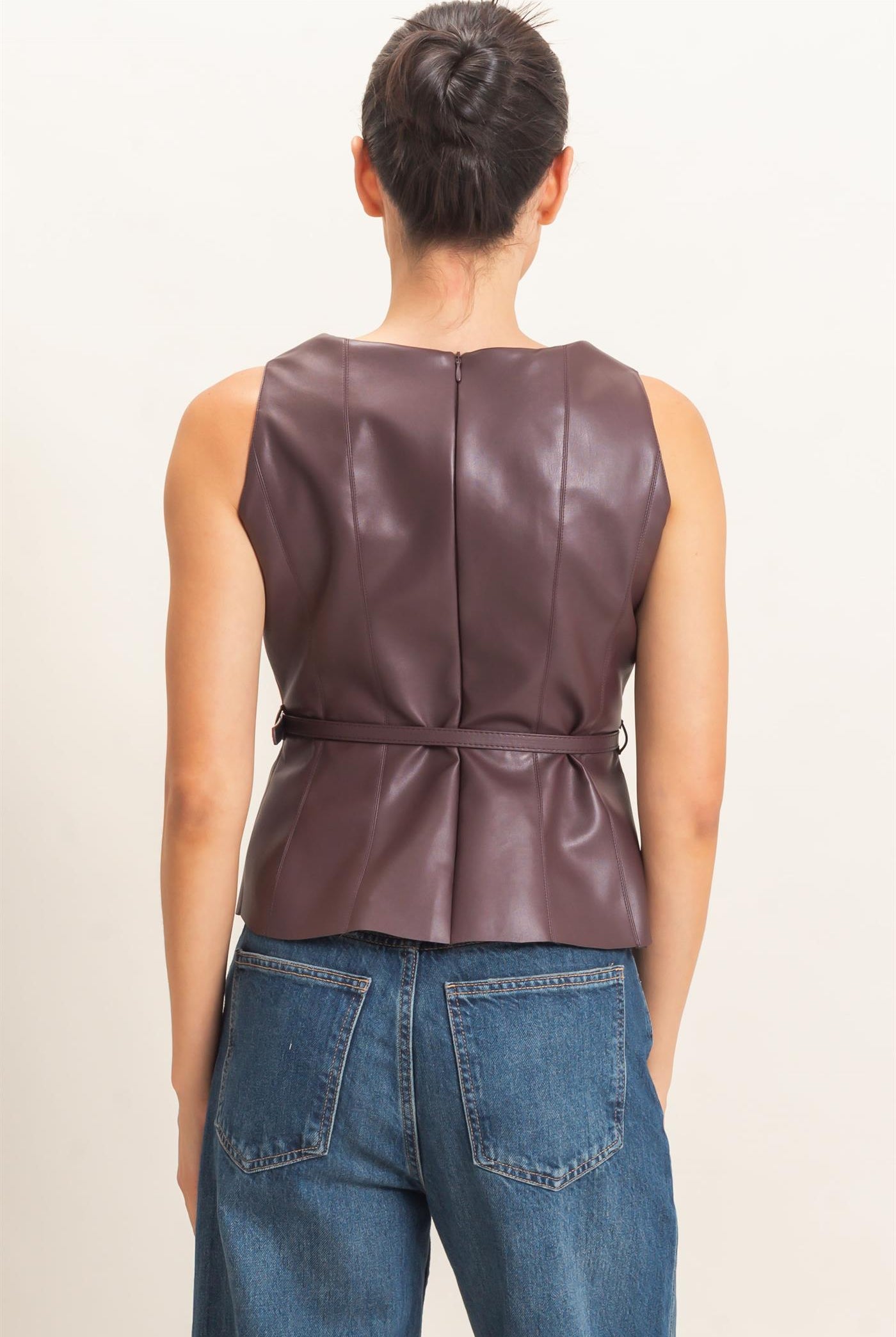 Wholesale Sleek Faux Leather Belted Top Clothing Tops HF26E543 DARK CHERRY HYFVE