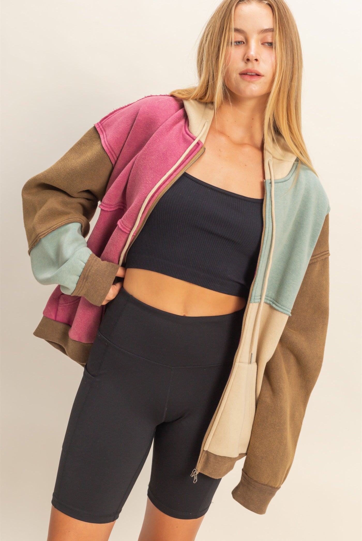 Wholesale Mineral Washed Colorblock Hoodie Jacket Hoodies HF26A959 BROWN COMBO HYFVE