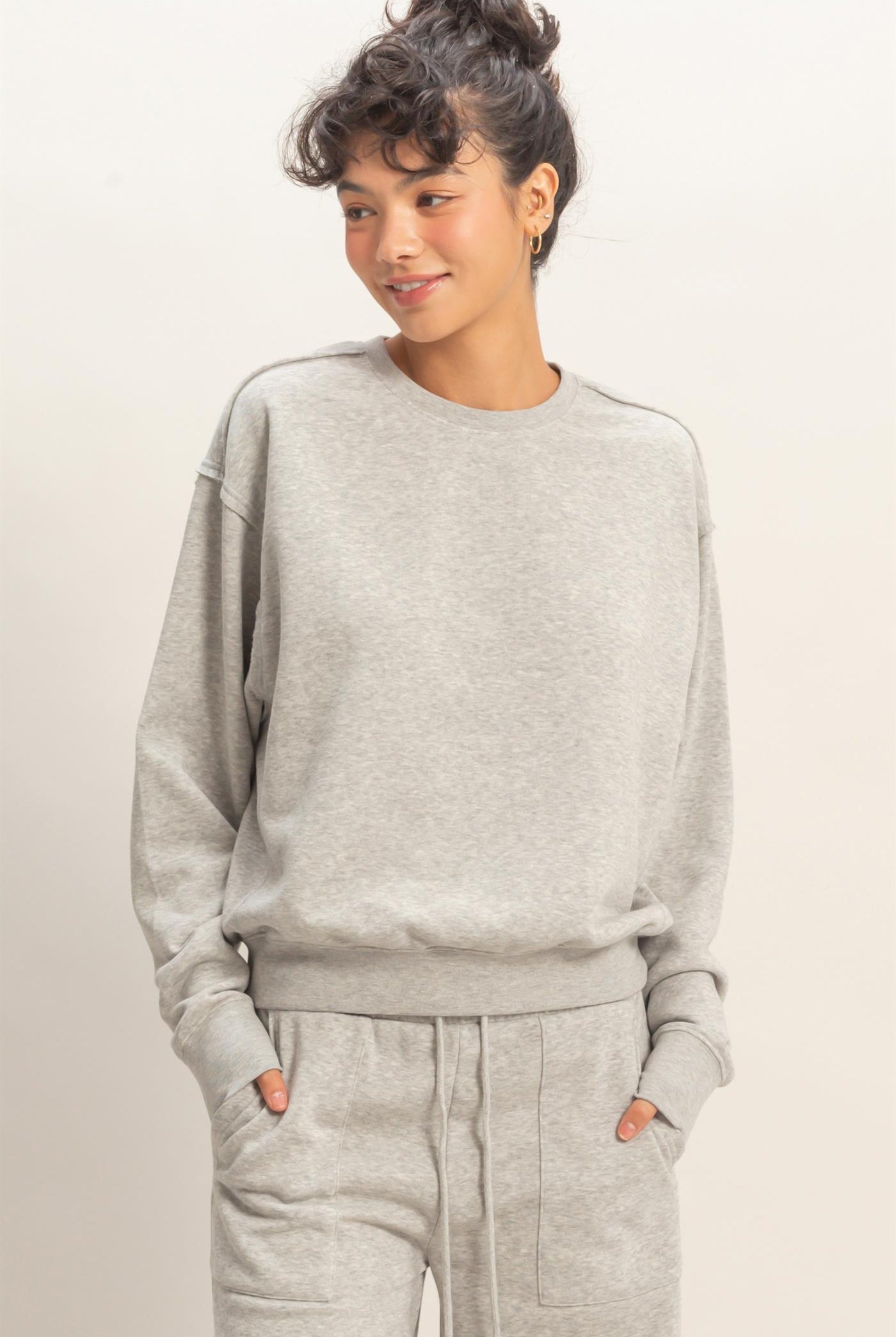 Wholesale Raw Edge Detail Burnout Sweatshirt Sweatshirts DZ26A048 HEATHER GRAY DOUBLE ZERO