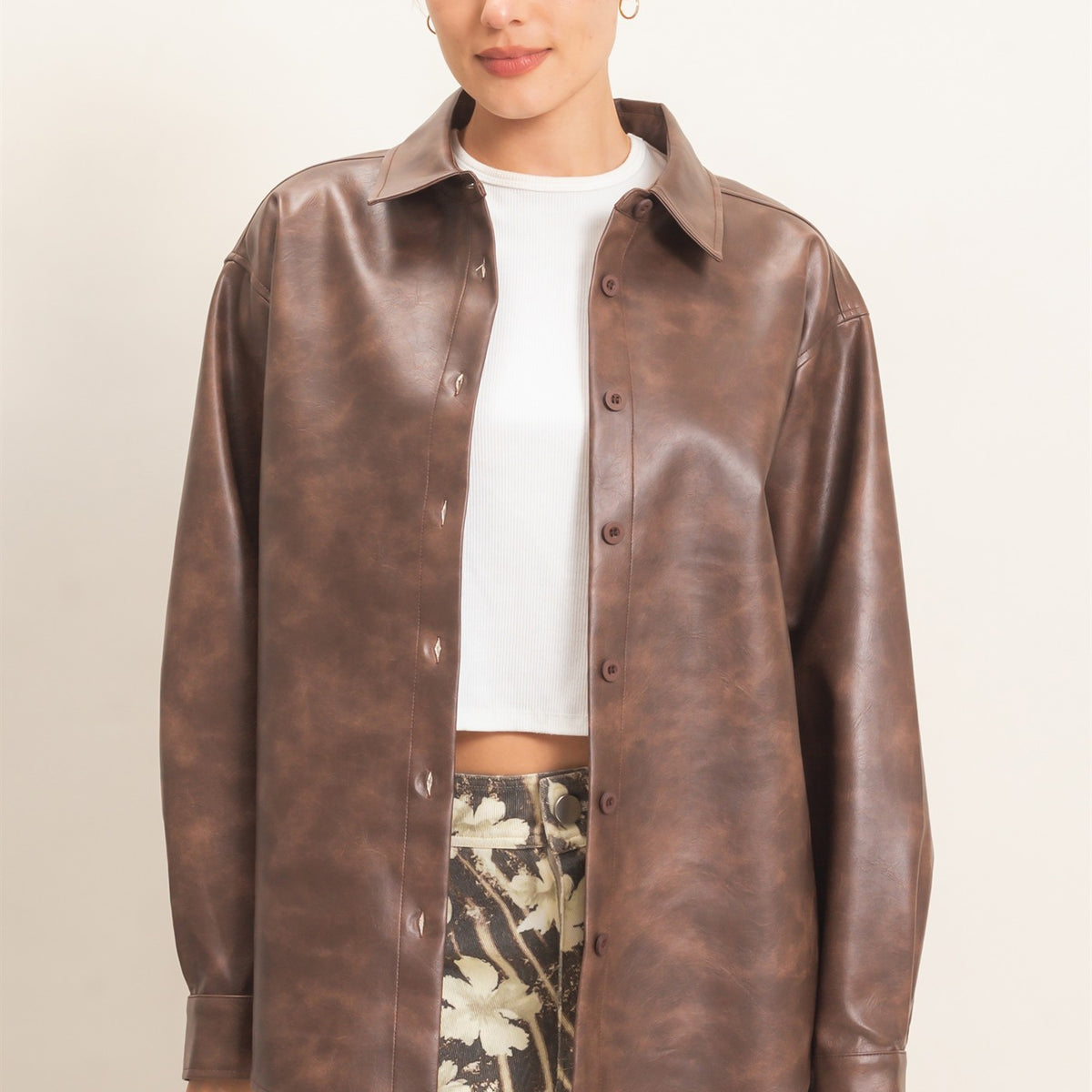Wholesale Faux Leather Button-Down Shirt Clothing Tops HF26E236 BROWN HYFVE