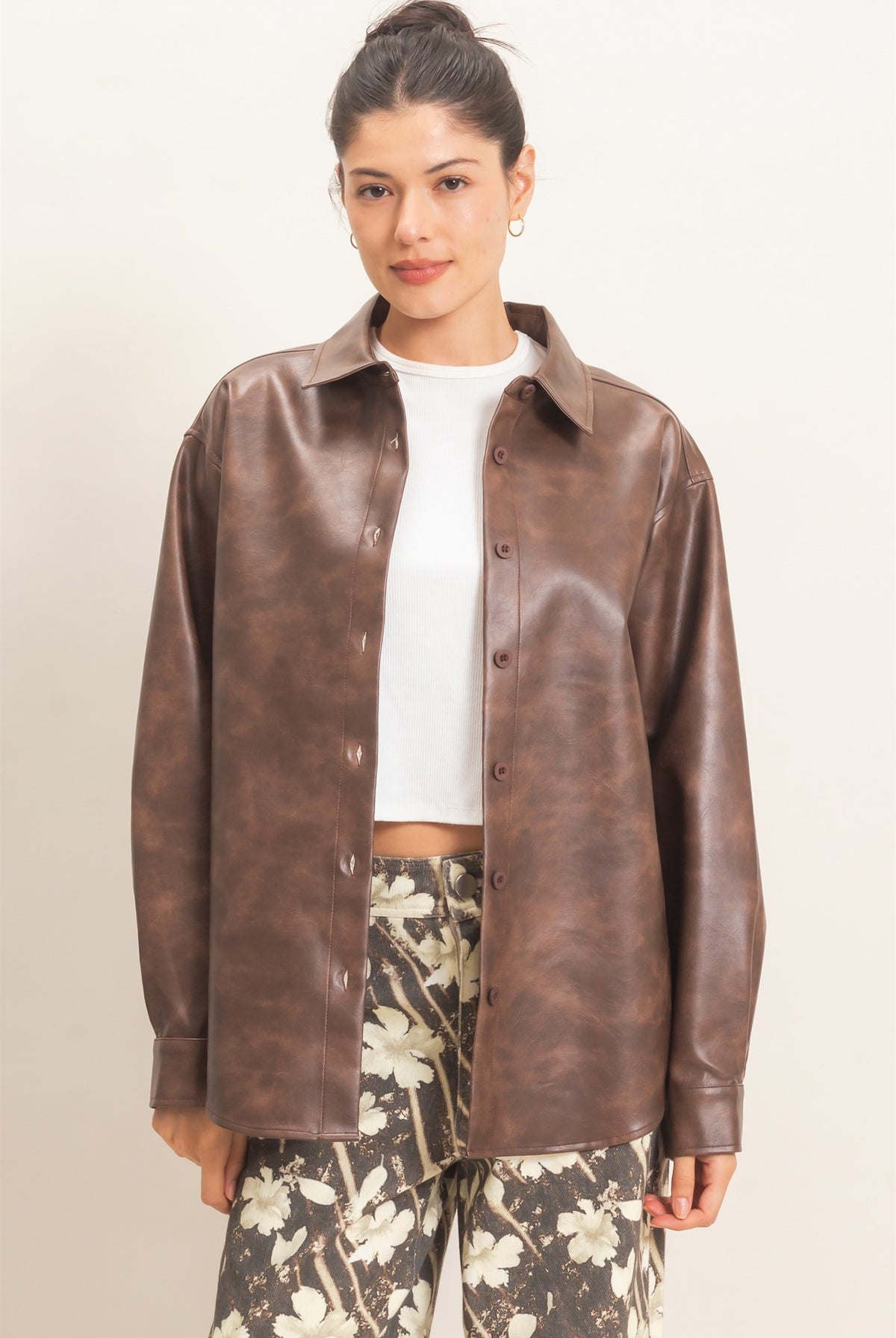 Wholesale Faux Leather Button-Down Shirt Clothing Tops HF26E236 BROWN HYFVE