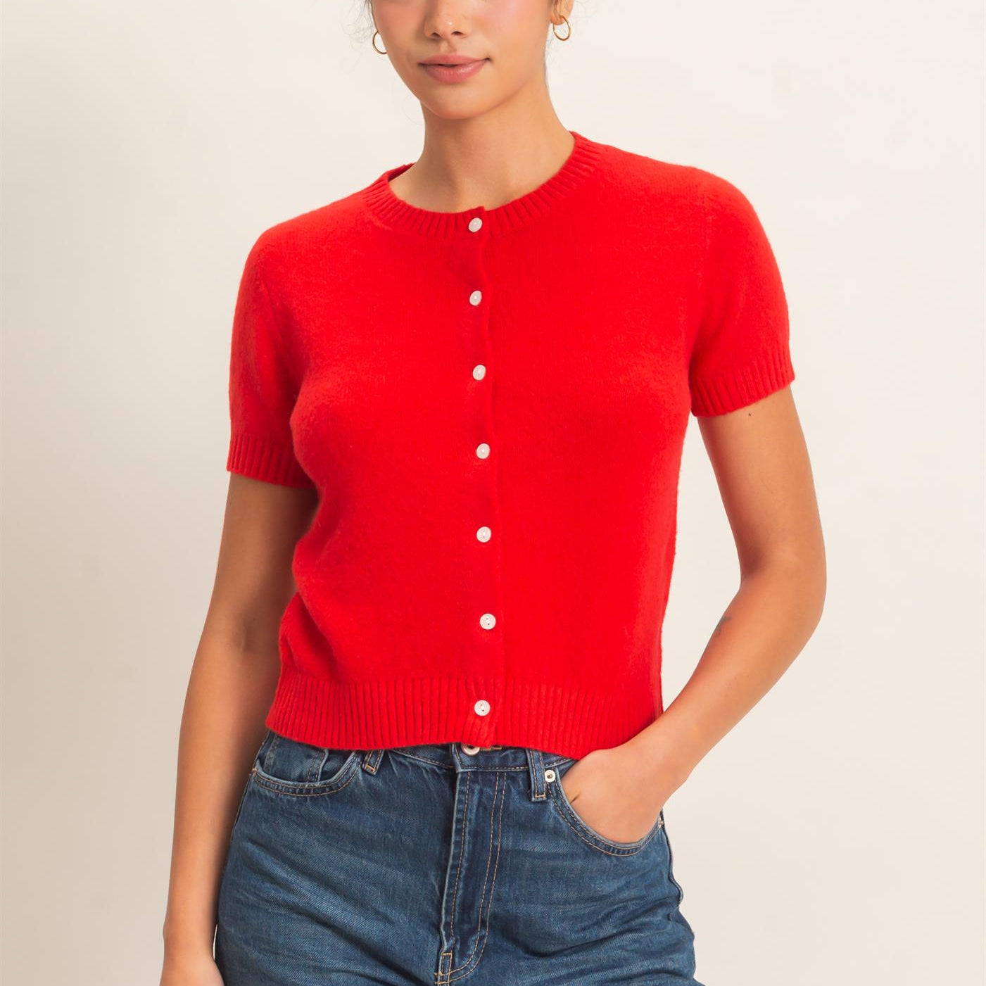 Wholesale Crew Neck Short Sleeve Cardigan Cardigans DZ26E108 RED DOUBLE ZERO