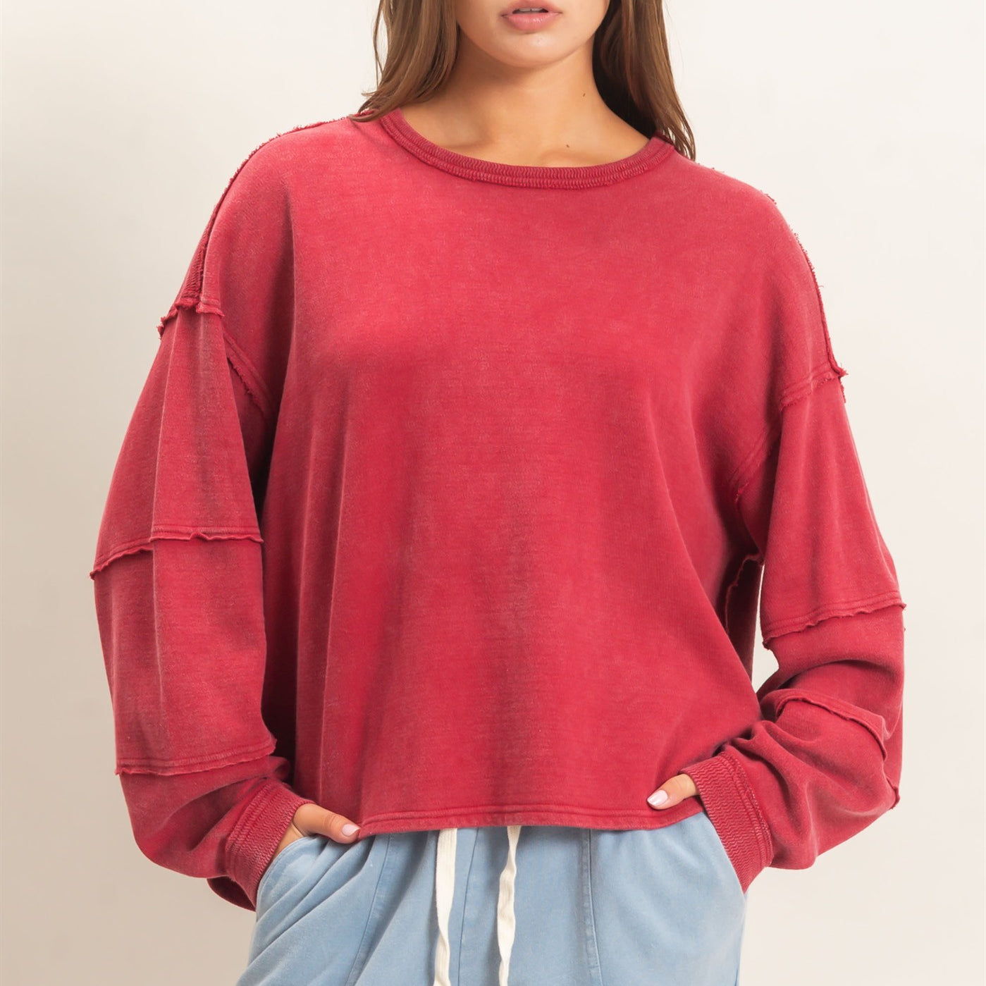 Wholesale Mineral Wash Overzised Raw Edge Crew Neck Top Clothing Tops DZ26E449 DARK RED DOUBLE ZERO
