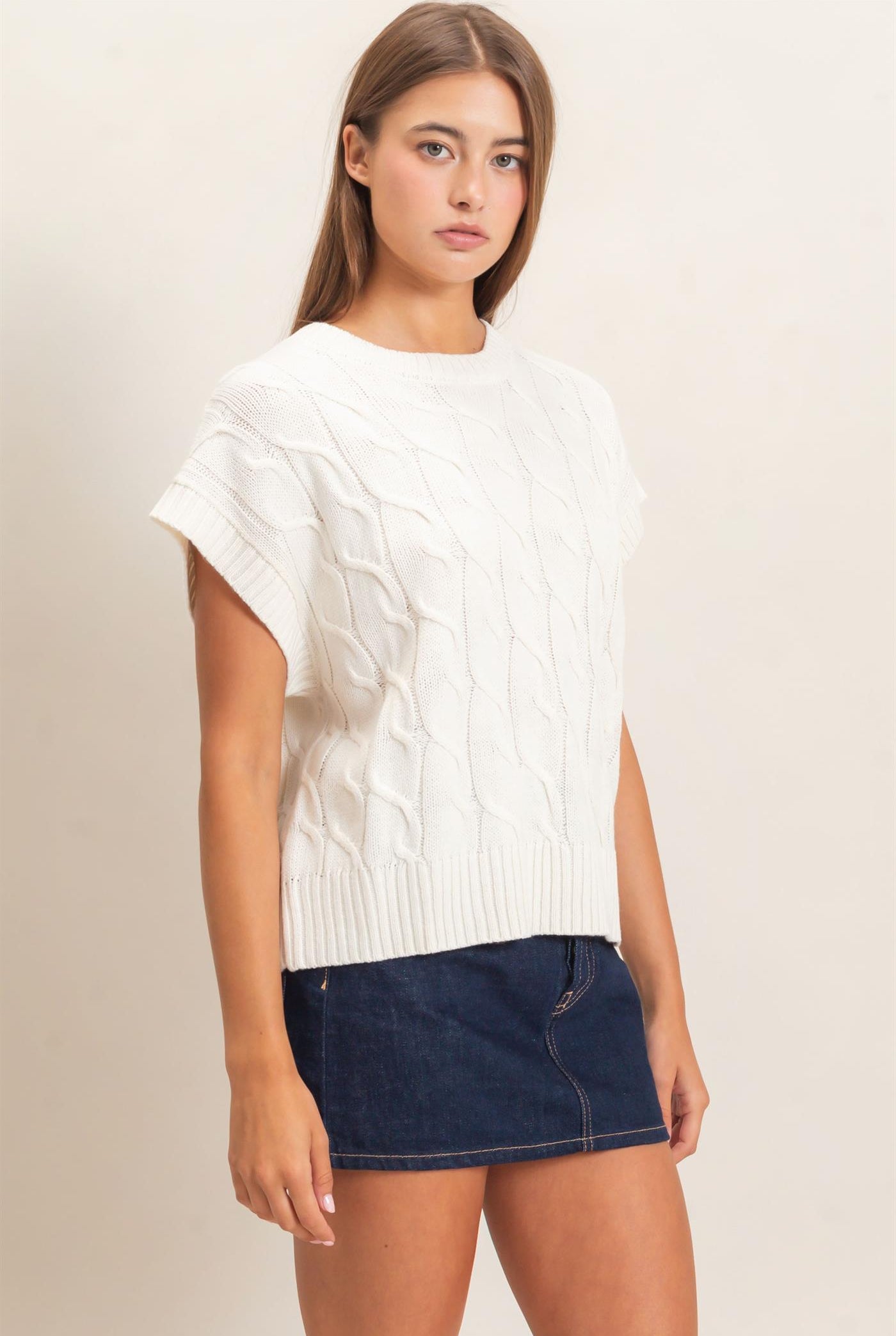 Wholesale Cable Knit Cap Sleeve Sweater Sweaters DZ26C974 CREAM DOUBLE ZERO