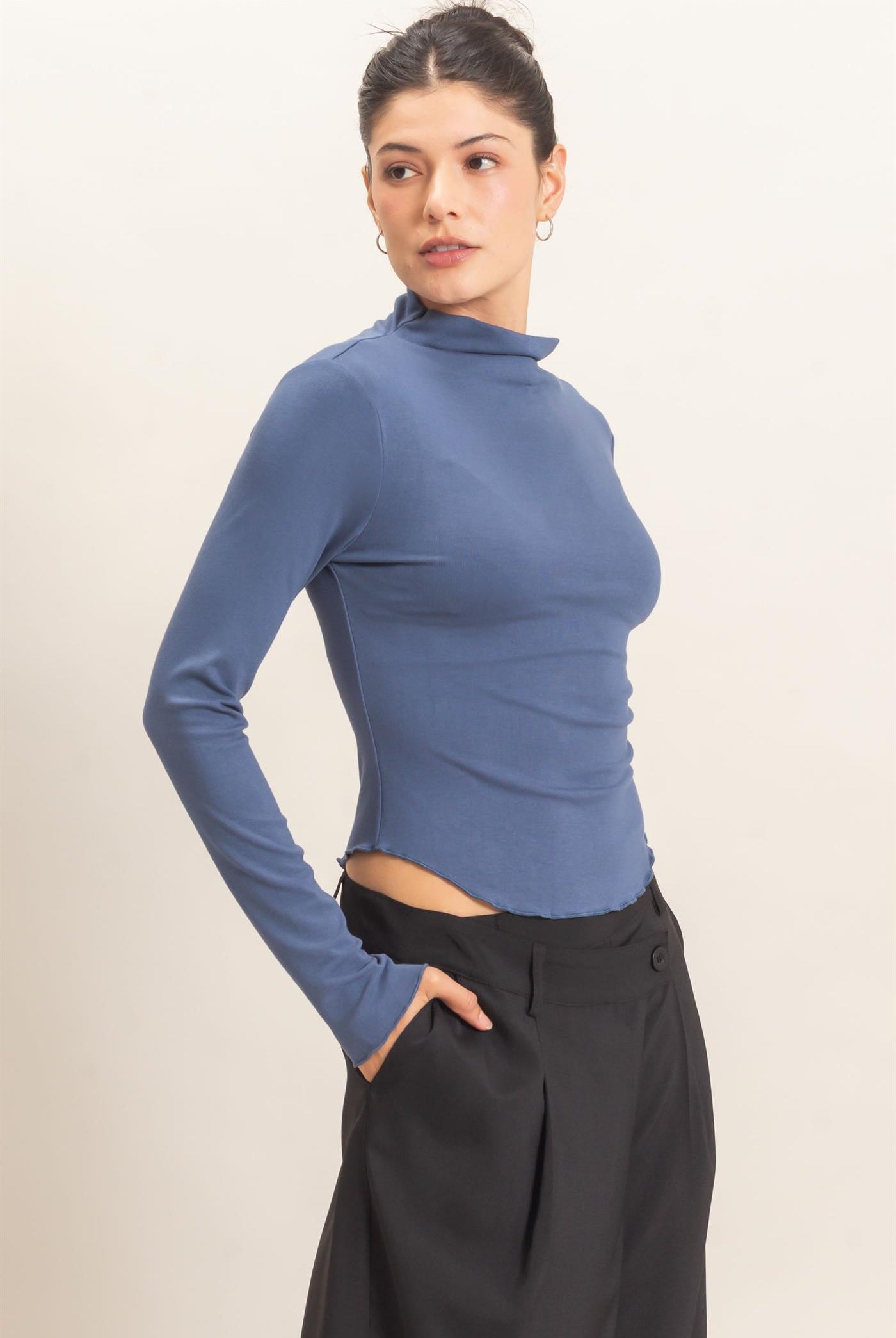 Wholesale Long Sleeve Lettuce Hem Top Clothing Tops HF26F122 STEEL BLUE HYFVE