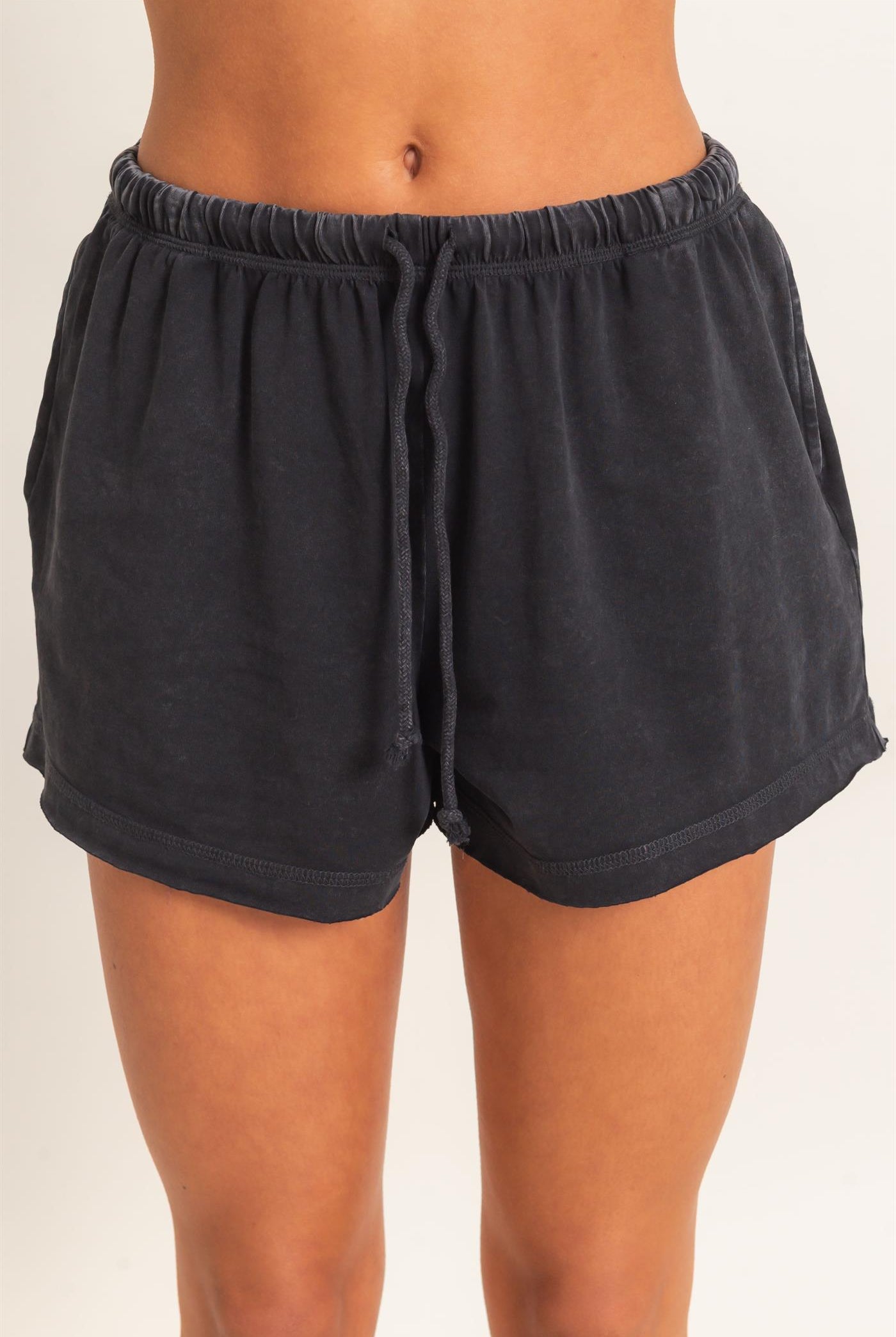 Wholesale Mineral Wash Long Sleeve Raw Edge Top & Shorts Set Clothing DZ26F403-SET BLACK DOUBLE ZERO