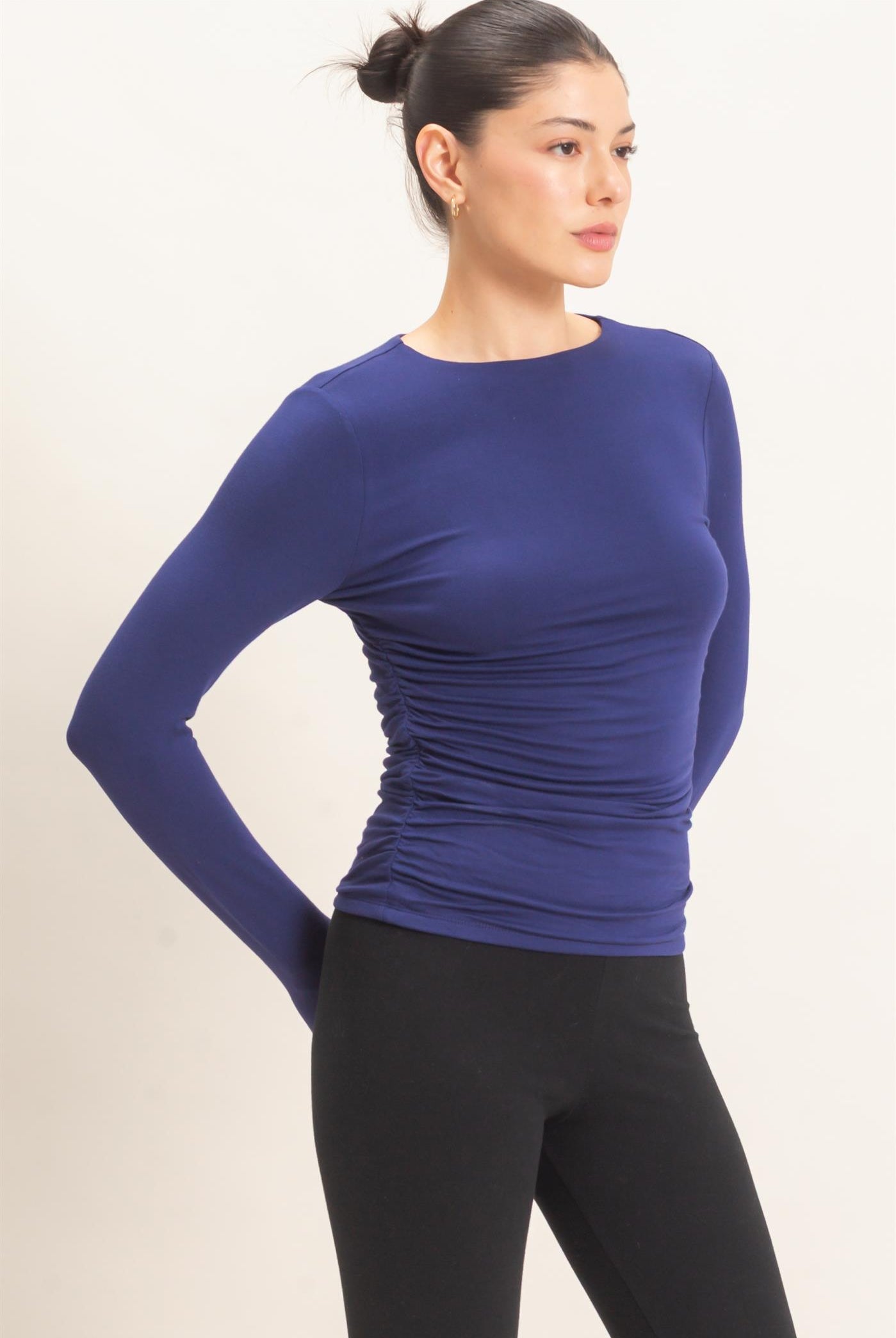 Wholesale Ruched Long Sleeve Top Clothing Tops HF26E776 DEEP BLUE HYFVE