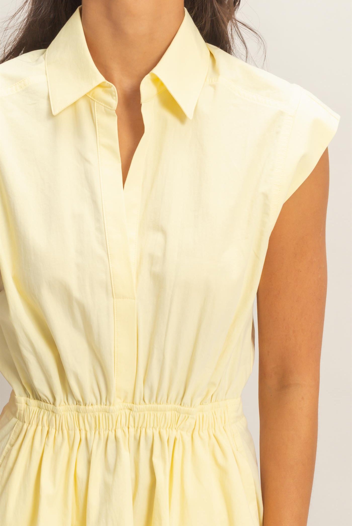 Wholesale Sleeveless Collared Shirred Mini Dress Dresses DZ26A751 PALE YELLOW DOUBLE ZERO