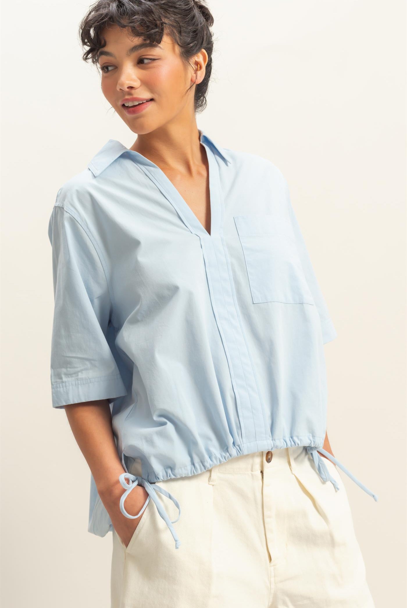 Wholesale Bubble Hem Relaxed Fit Shirt Polos DZ25E081 ICE BLUE DOUBLE ZERO