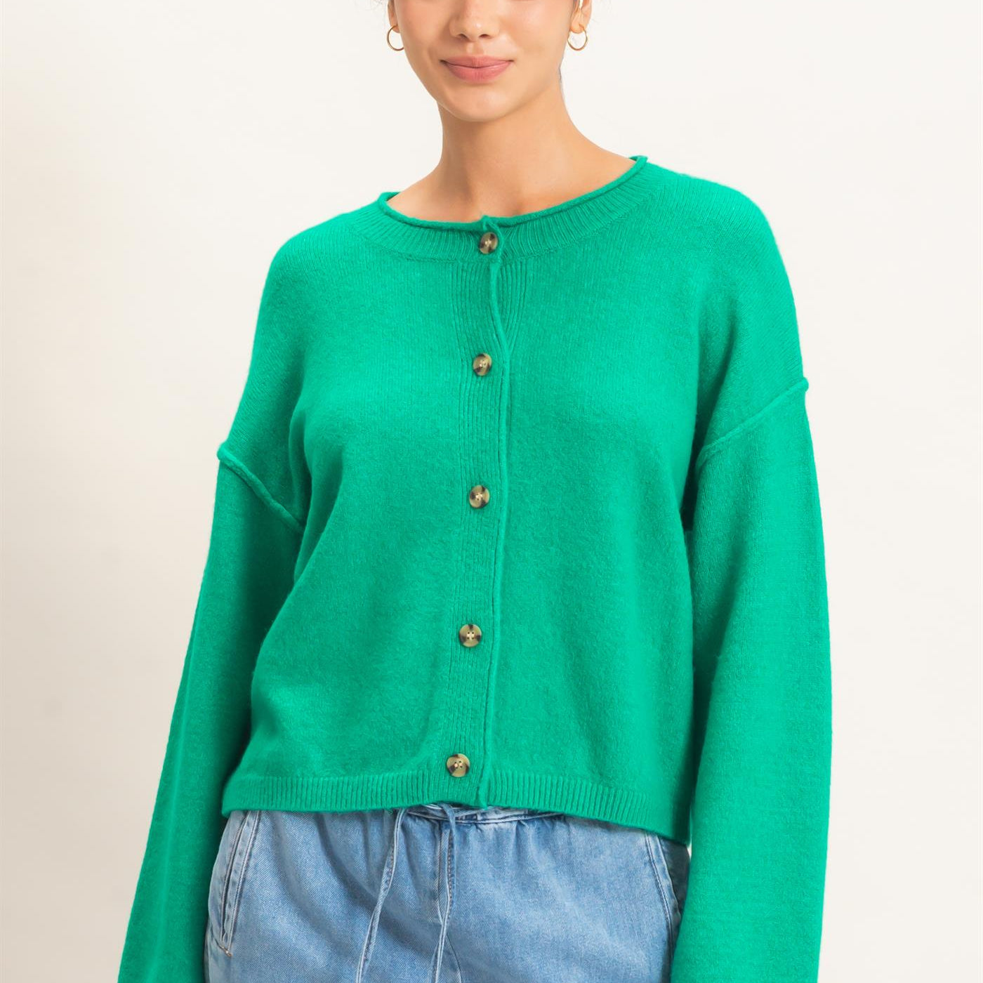 Wholesale Crew Neck Loose Fit Cardigan Cardigans DZ26E269 EMERALD DOUBLE ZERO