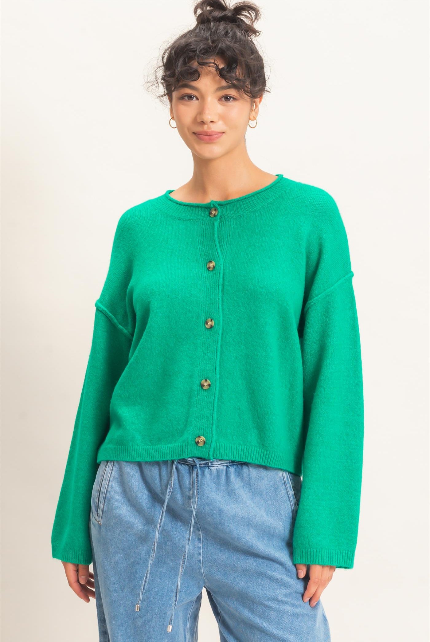 Wholesale Crew Neck Loose Fit Cardigan Cardigans DZ26E269 EMERALD DOUBLE ZERO
