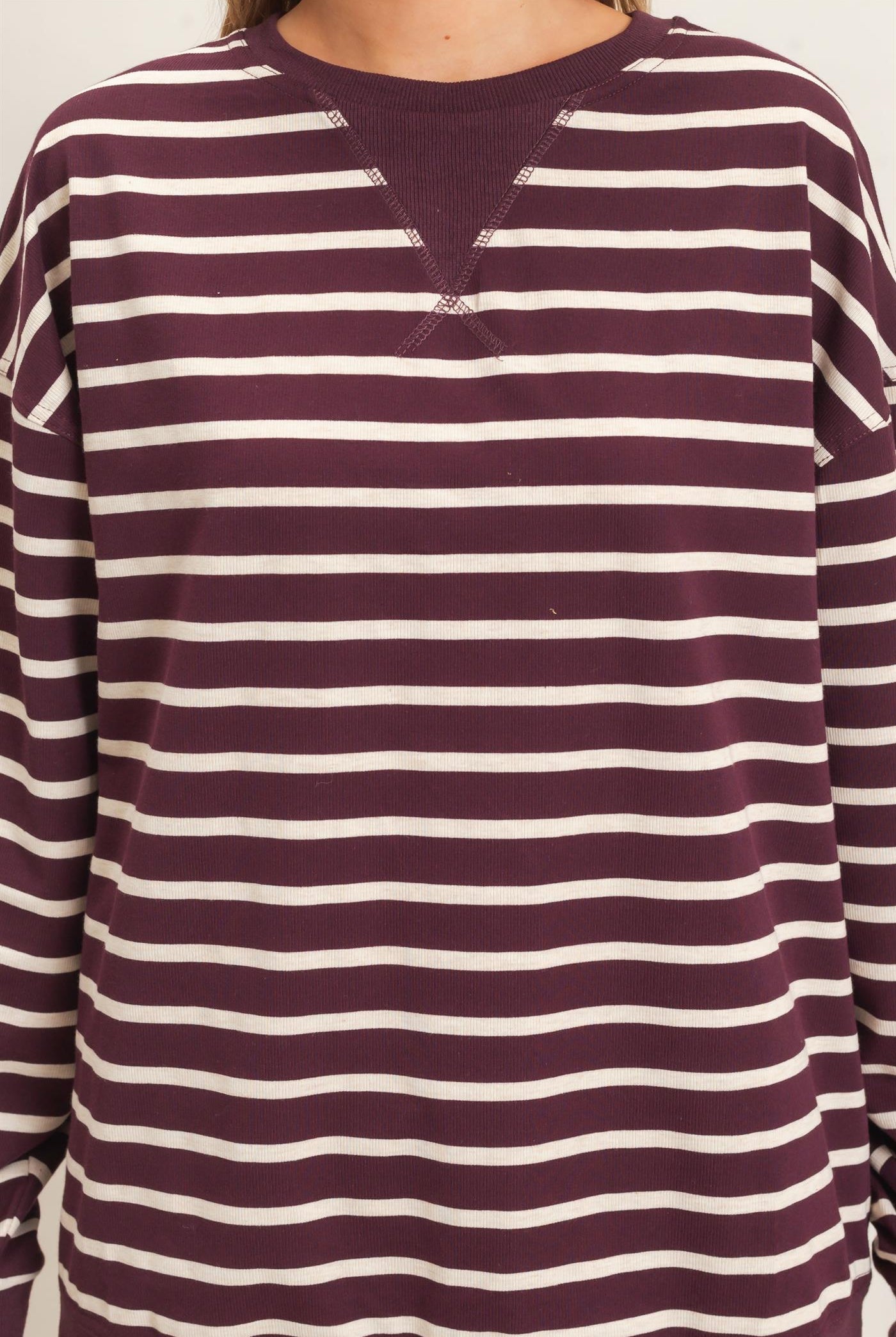 Wholesale Striped Long Sleeve Pullover Sweatshirts HF26F077 RASPBERRY/ECRU HYFVE