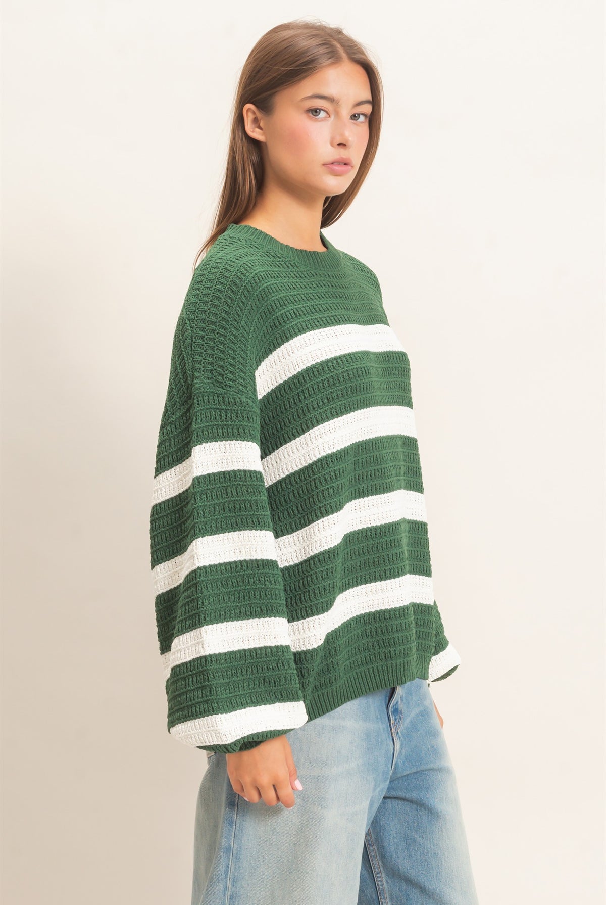 Wholesale Striped Oversized Sweater Sweaters DZ27A192 DARK GREEN DOUBLE ZERO