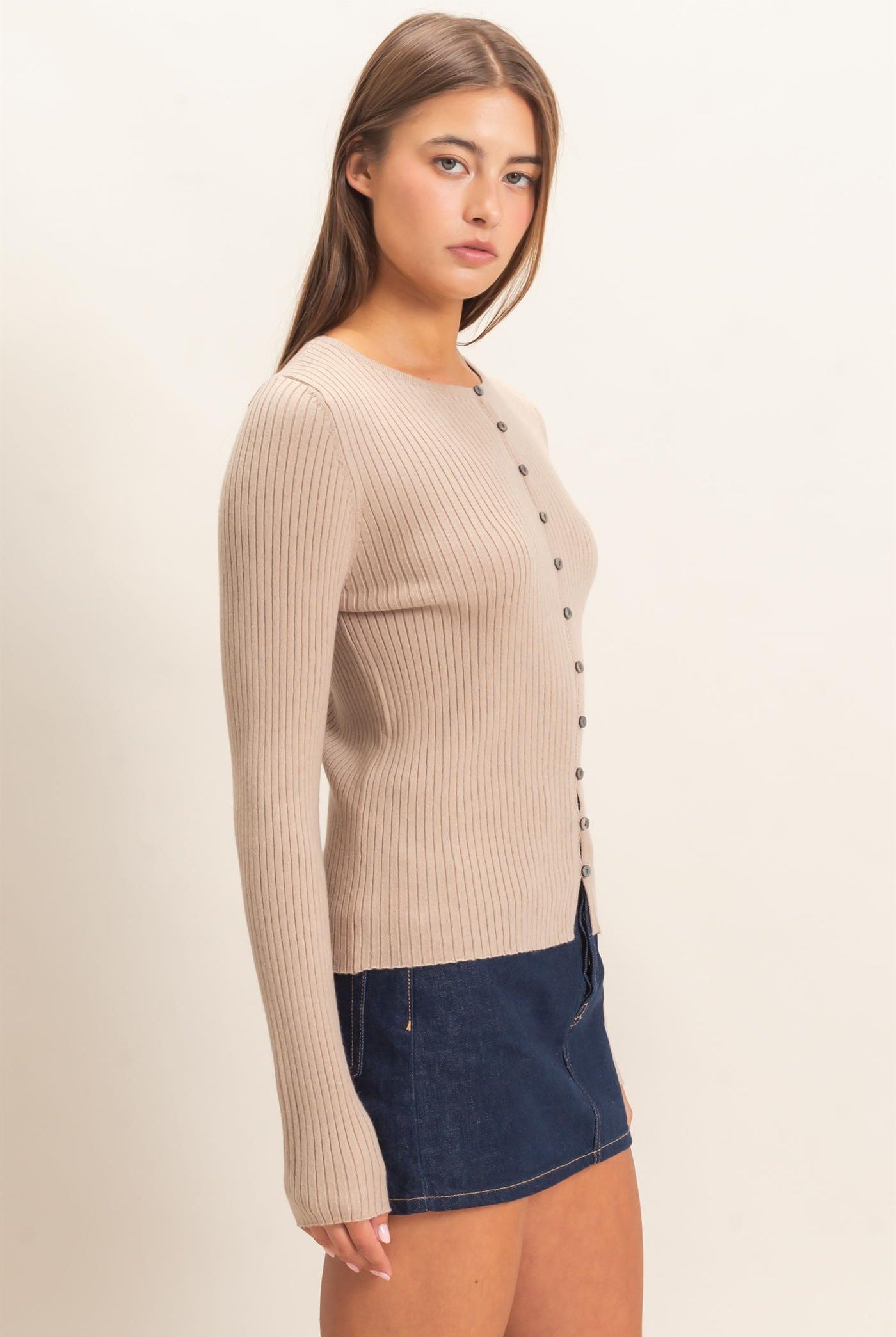 Wholesale Ribbed Button Front Cardigan Cardigans DZ26E322 TAUPE DOUBLE ZERO