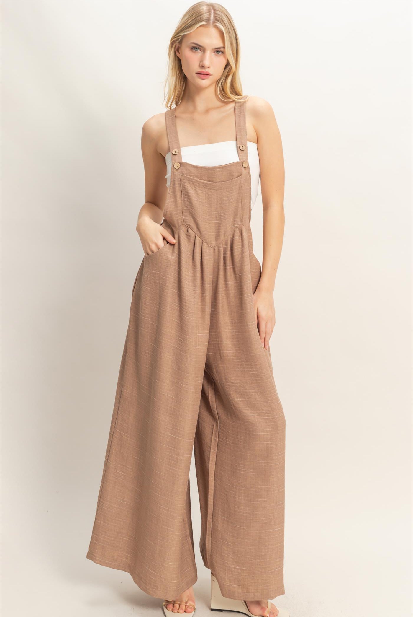 Wholesale Wide Leg Overall Jumpsuit Clothing HF26C322 L.BROWN HYFVE