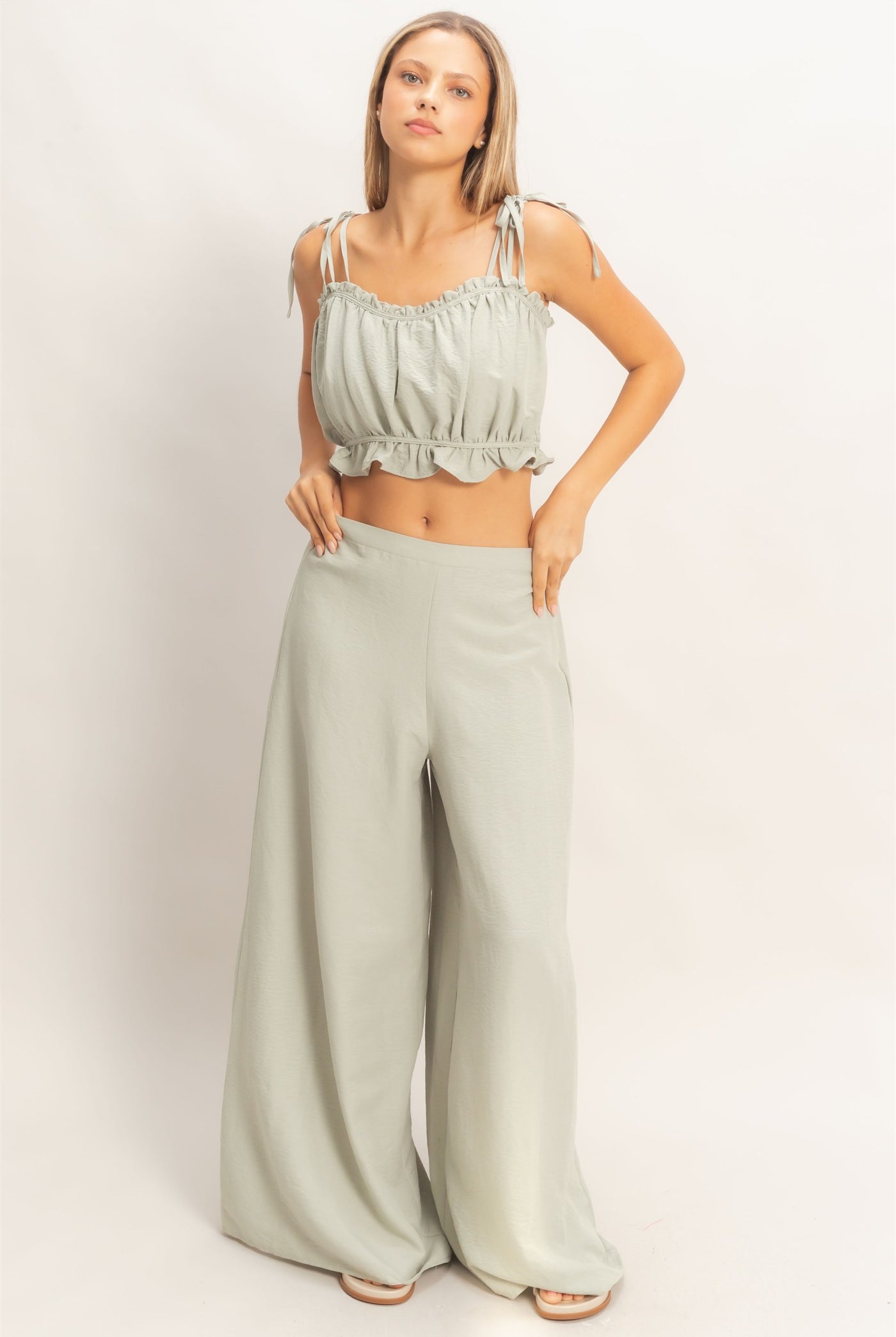 Wholesale Ruffle Smocked Bust Top & Wide Pants Clothing HF26A502-SET-D SAGE HYFVE