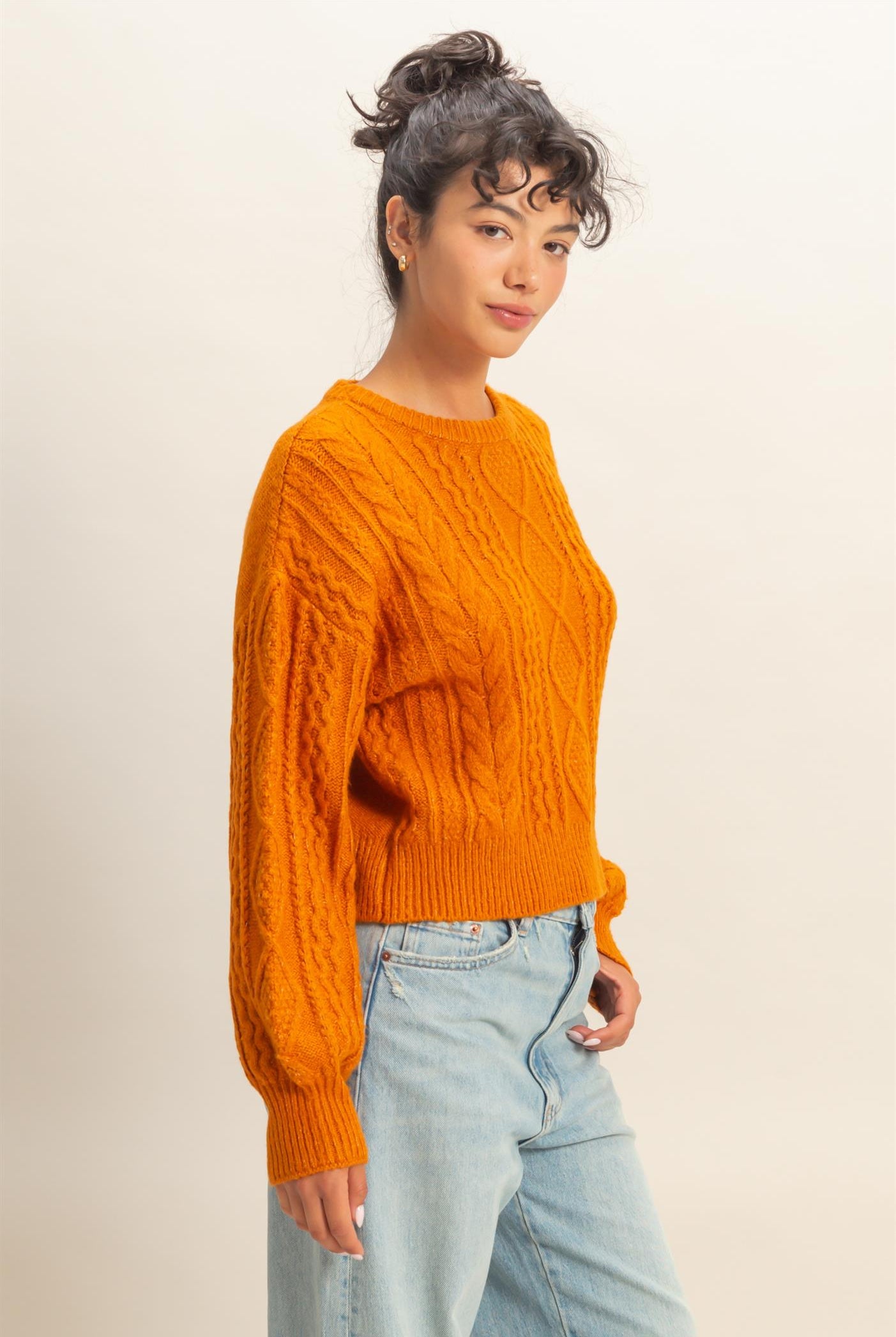 Wholesale Cable Knit Balloon Sleeve Sweater Sweaters DZ25F126 CARAMEL DOUBLE ZERO