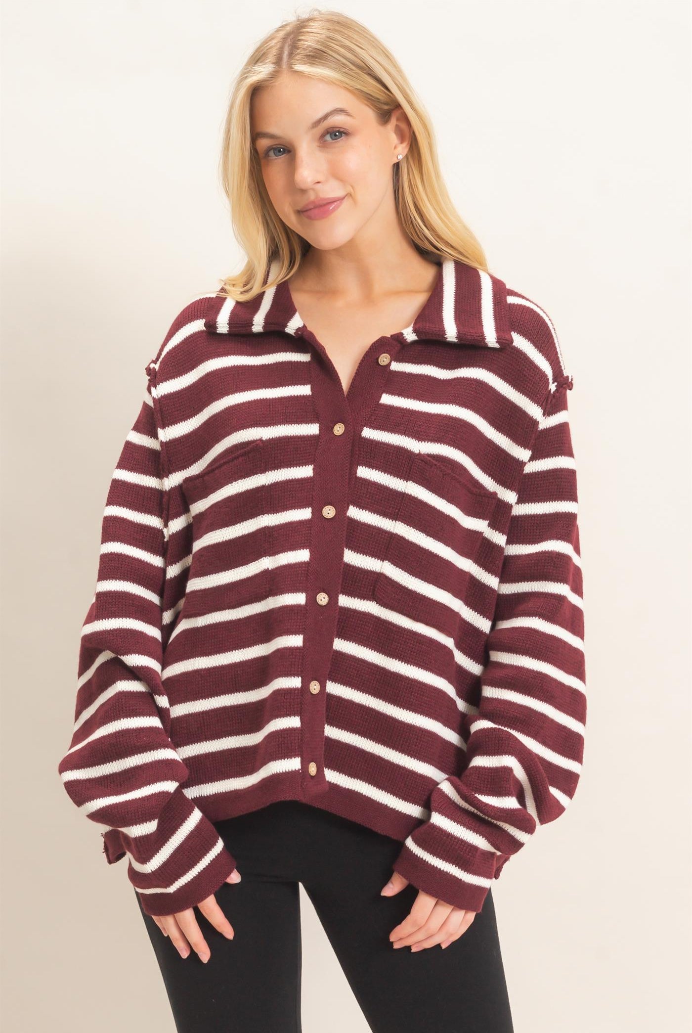 Wholesale Striped Button Front Cardigan Sweaters HF26F197 WINE HYFVE