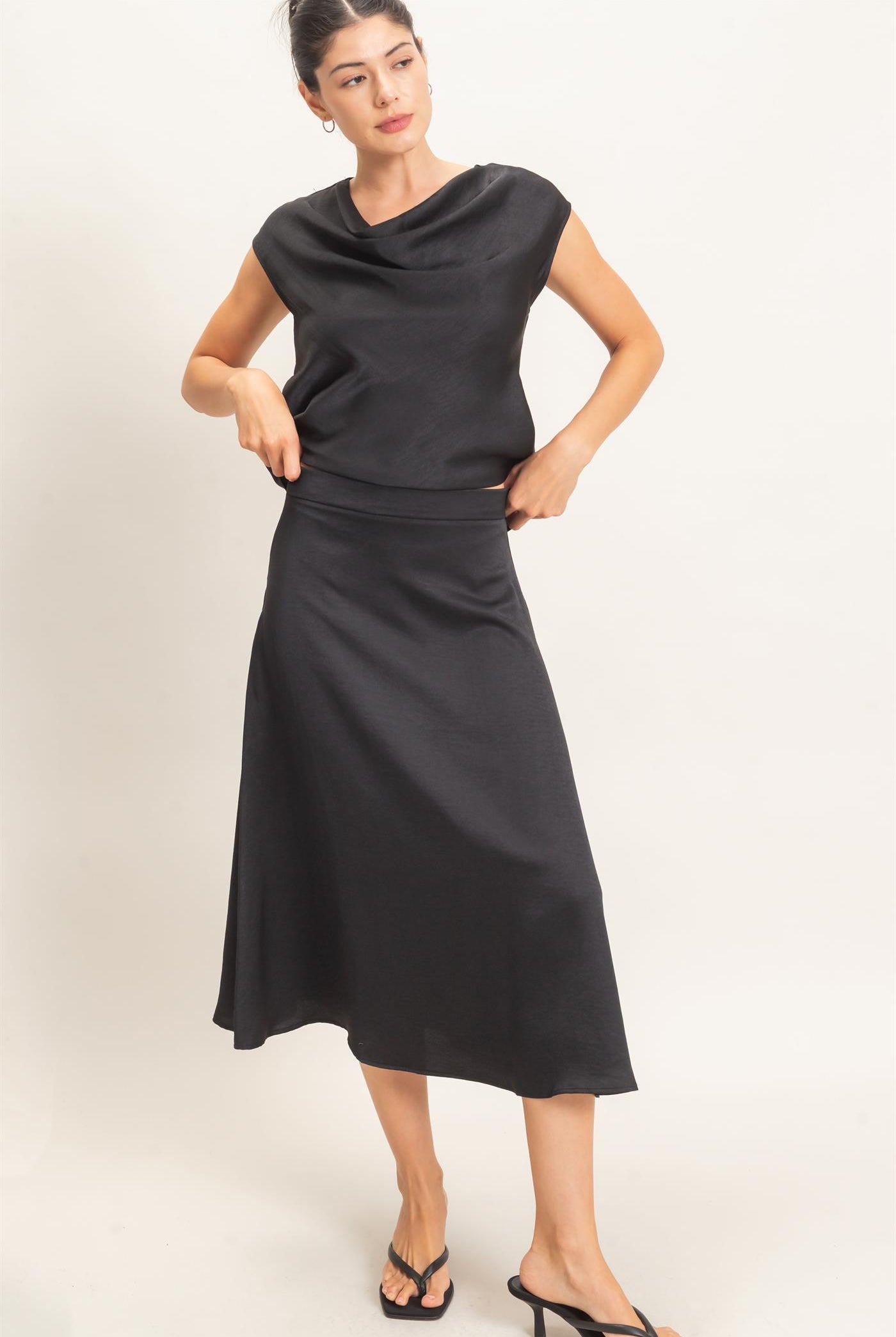 Wholesale Satin Cowl Neck Top And Skirt Set Clothing HF26C690-SET BLACK HYFVE
