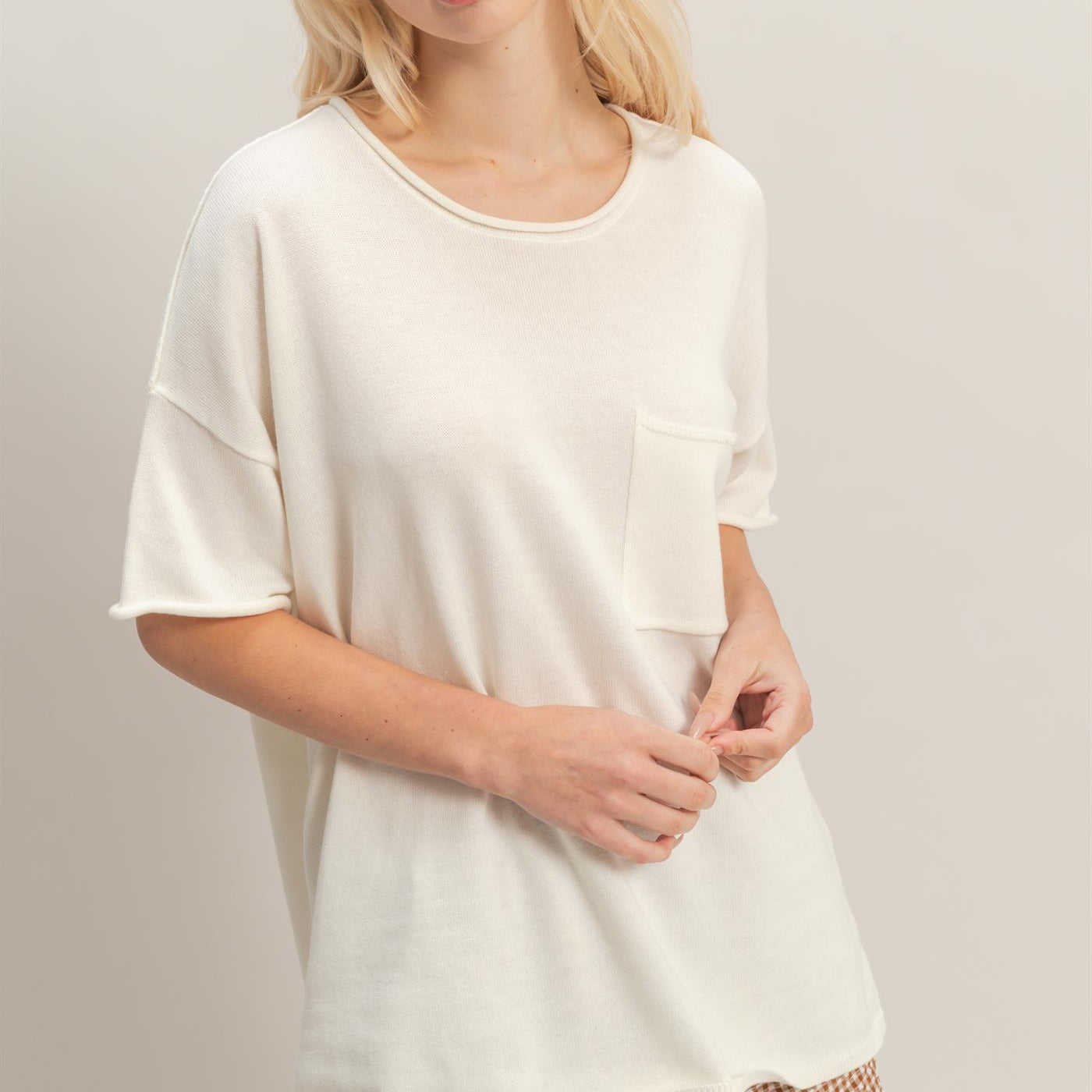 Wholesale Oversized Short Sleeve Round Neck Pocket Knit Top Clothing Tops DZ26A691 WHIP CREAM DOUBLE ZERO