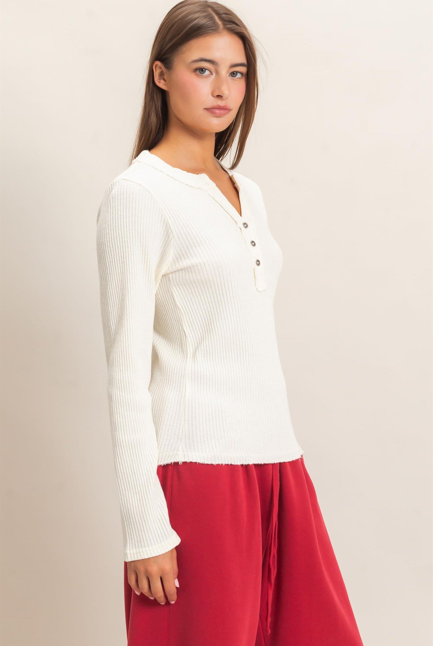 Wholesale Mineral Wash Waffle Henley Long Sleeve Top Clothing Tops DZ26E243 CREAM DOUBLE ZERO