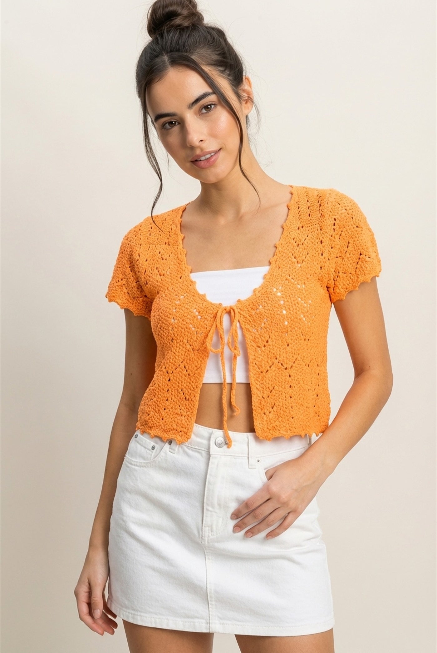 Wholesale Pointelle Tie Front Knit Cardigan Clothing Tops DZ24C268 ORANGE DOUBLE ZERO