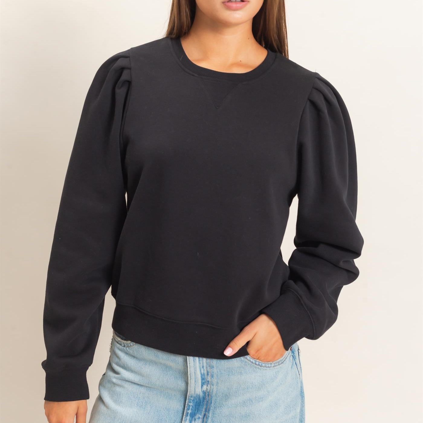 Wholesale Puff Sleeve Crew Neck Sweatshirt Sweatshirts DZ26E110 BLACK DOUBLE ZERO