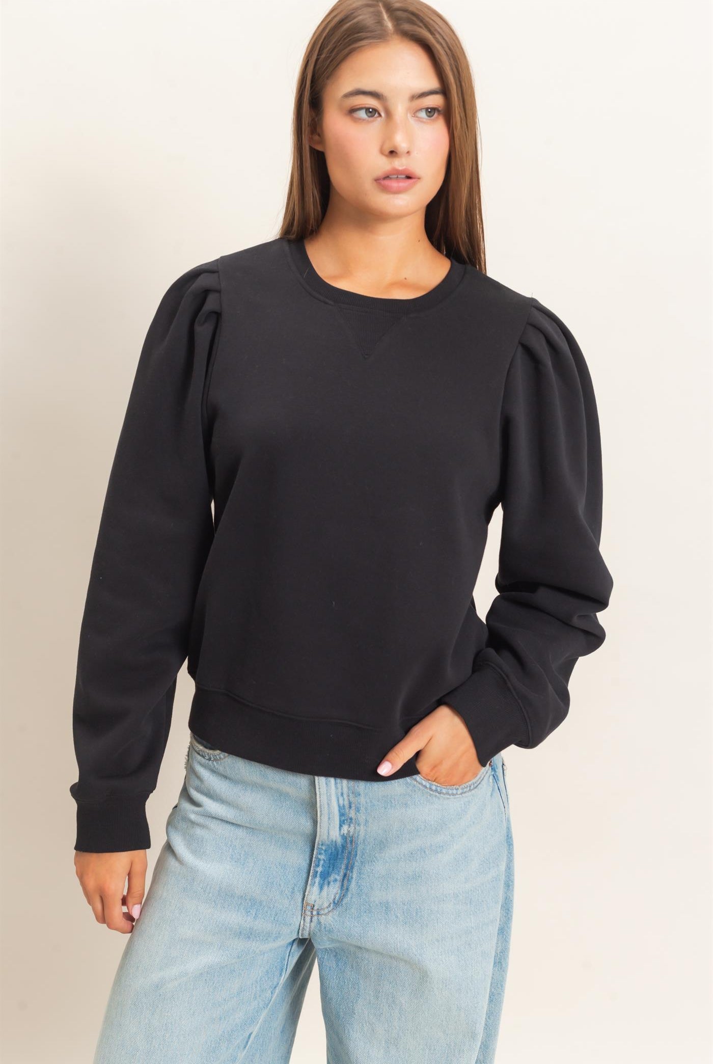 Wholesale Puff Sleeve Crew Neck Sweatshirt Sweatshirts DZ26E110 BLACK DOUBLE ZERO