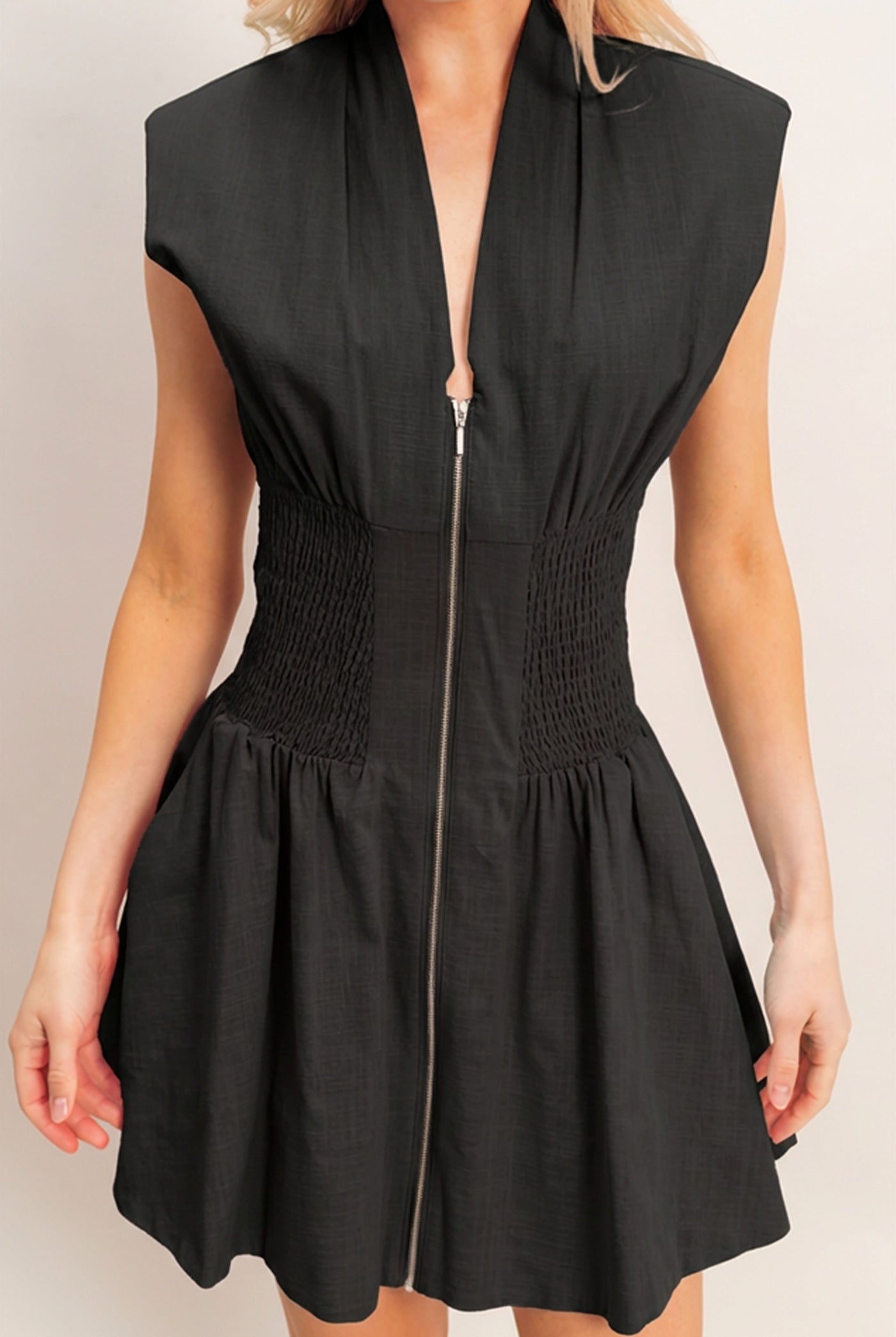 Wholesale Zip Front Shirred Waist Dress Dresses HF26A112 BLACK HYFVE