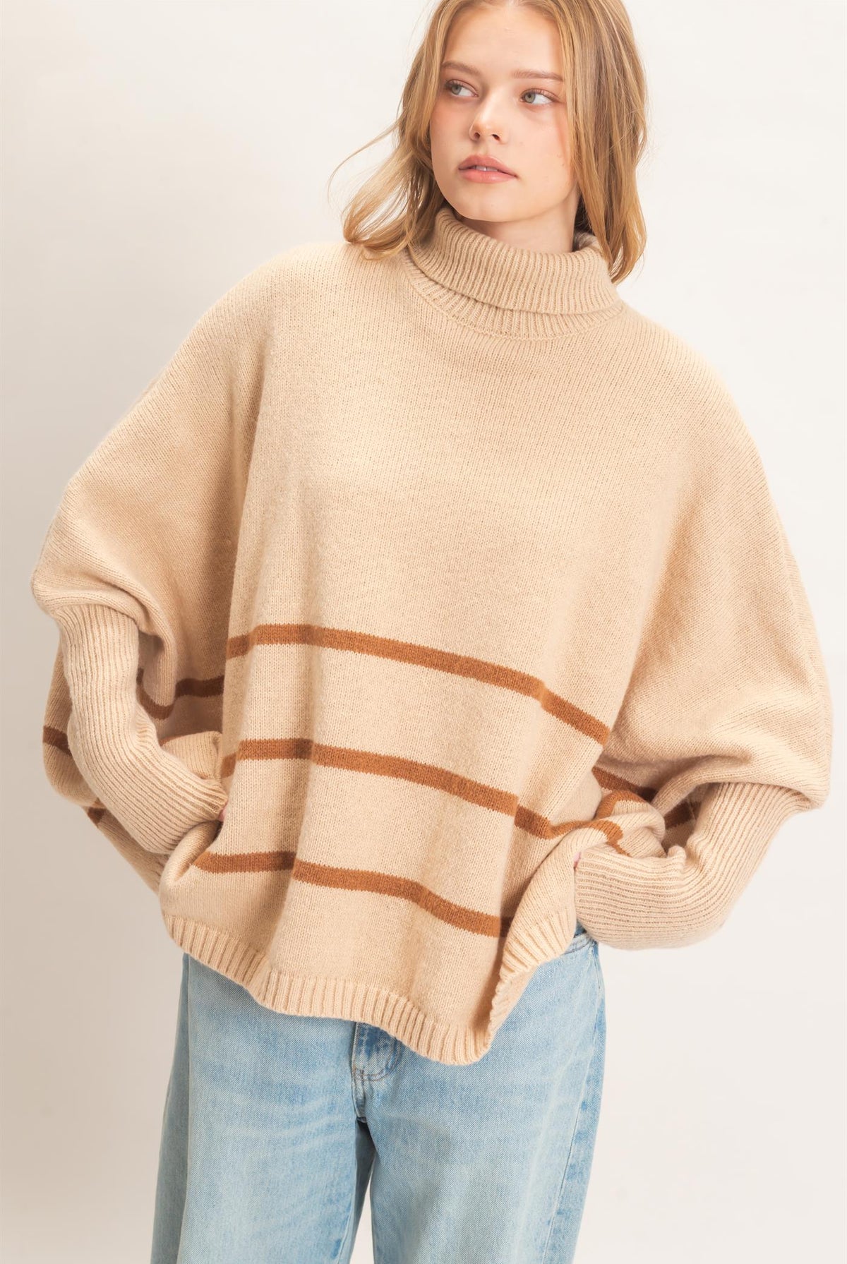 Wholesale Striped Turtleneck Poncho Sweater Sweaters HF26F194 L.TAUPE HYFVE