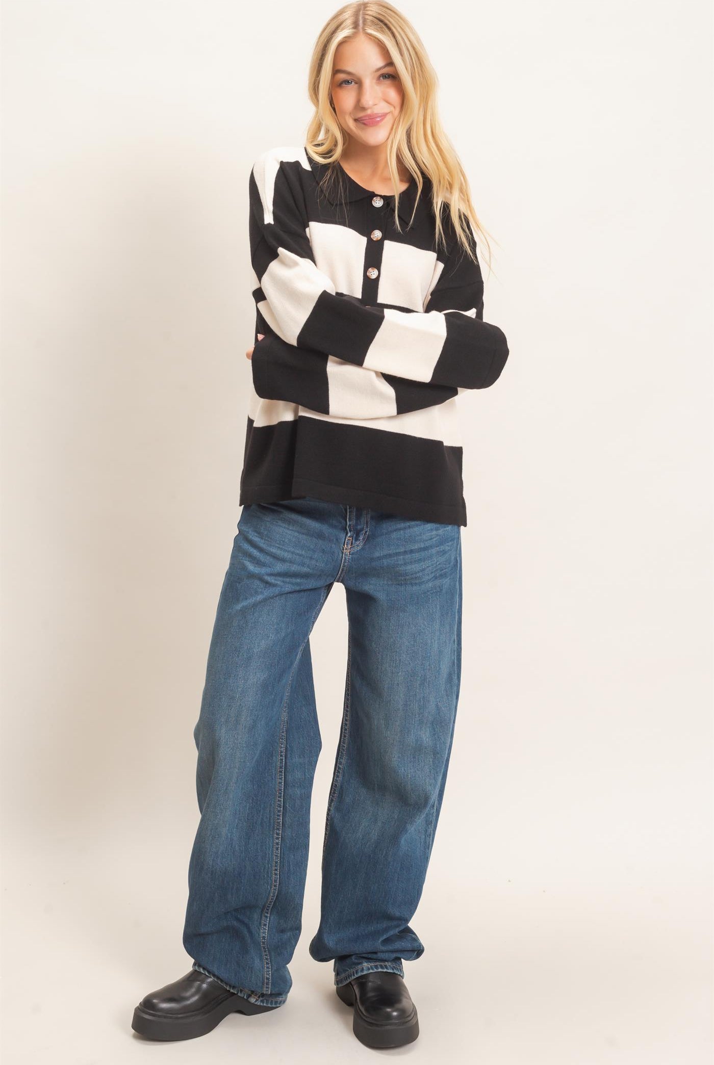 Wholesale Striped Button-Up Sweater Sweaters HF26F198 BLACK HYFVE
