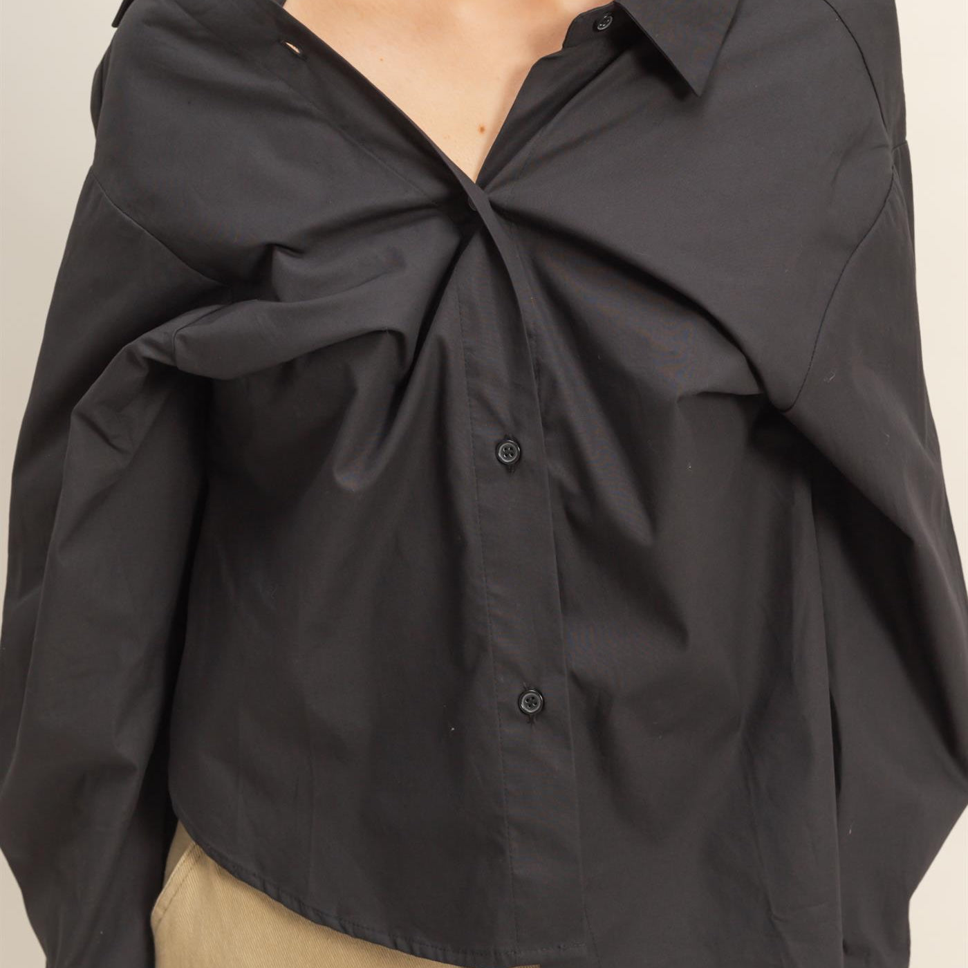 Wholesale Off-The-Shoulder Asymmetrcal Button-Up Shirt Clothing Tops HF22G139 BLACK HYFVE