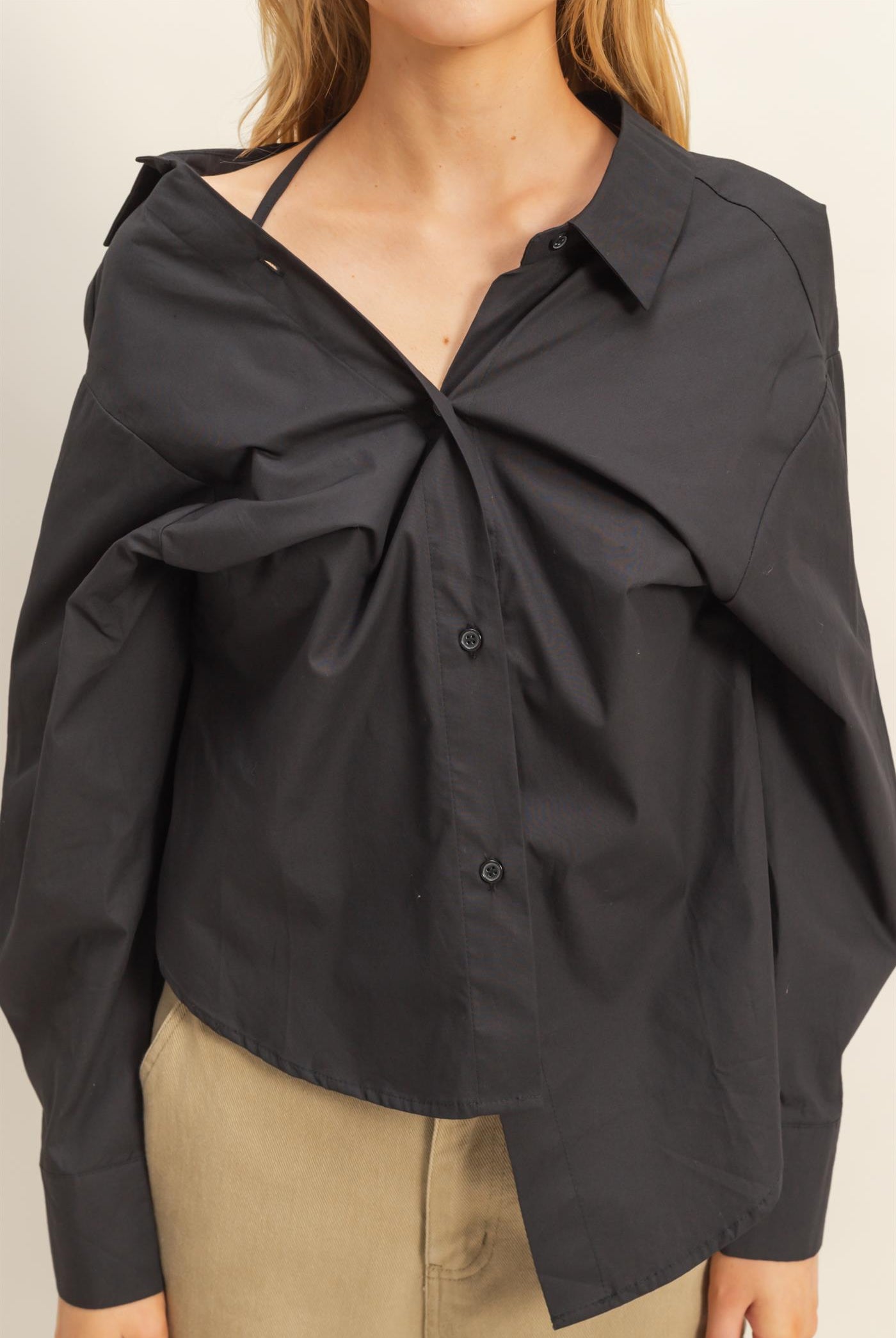 Wholesale Off-The-Shoulder Asymmetrcal Button-Up Shirt Clothing Tops HF22G139 BLACK HYFVE