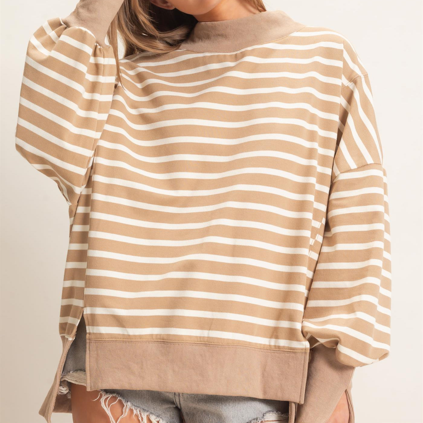 Wholesale Striped Mock Neck Sweatshirt Sweatshirts HF27A178-D TAUPE/CREAM HYFVE