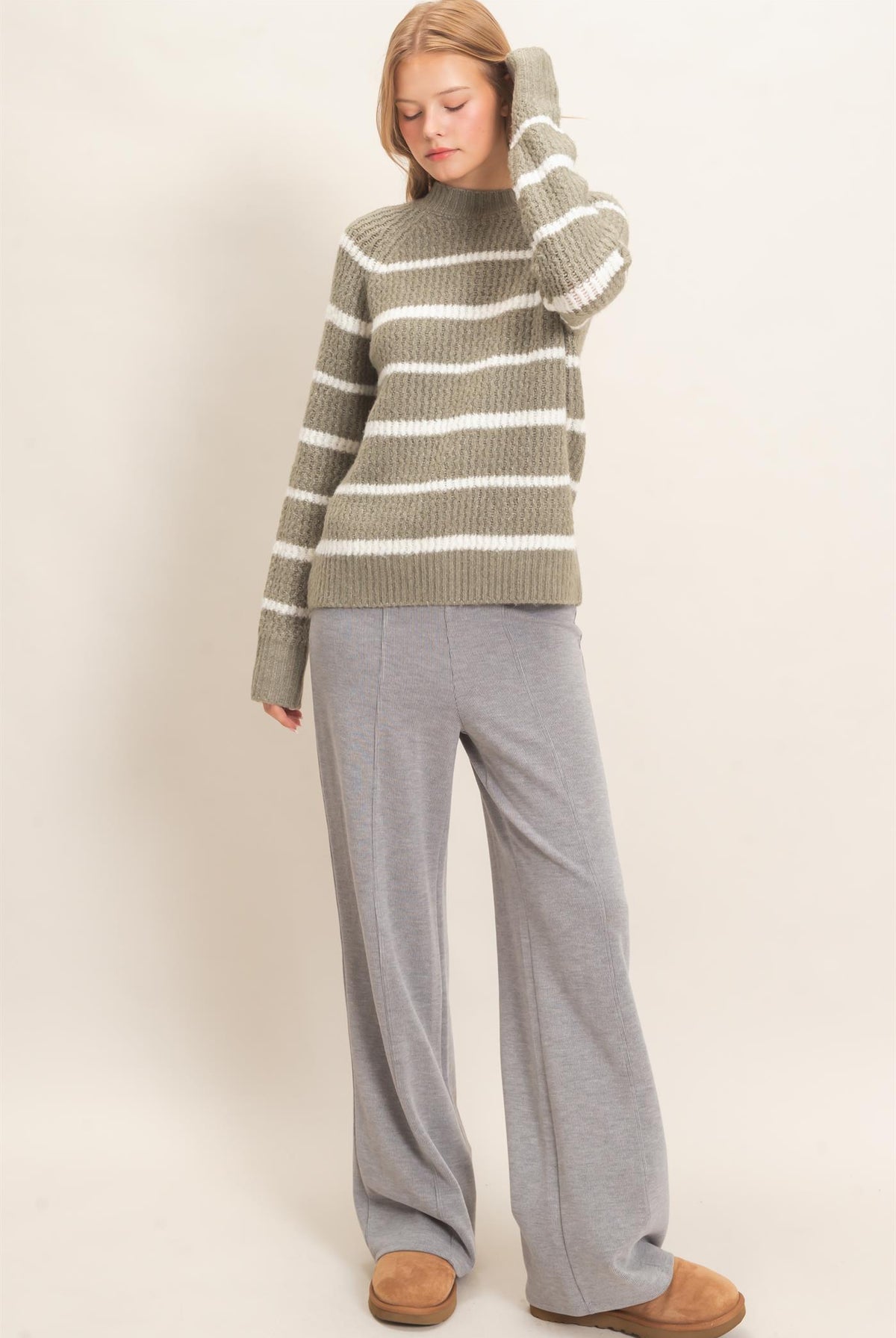 Wholesale Textured Striped Mock Neck Sweater Sweaters HF26E765 OLIVE HYFVE