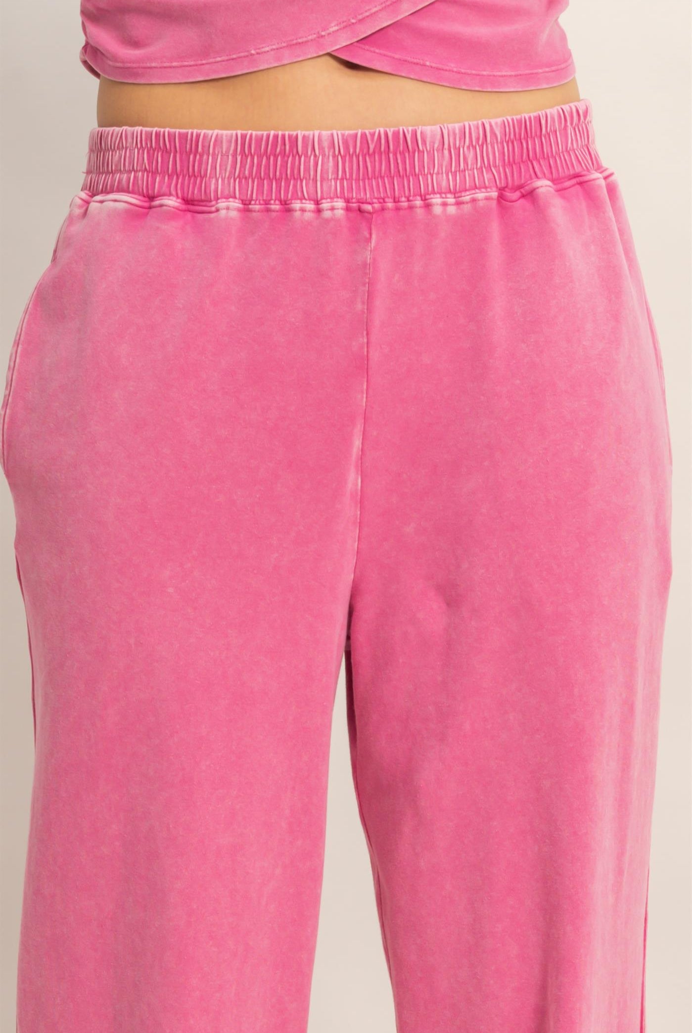 Wholesale Rolled Sleeve Wrap-Front Crop Top And Jogger Set Clothing DZ26A172-SET FUCHSIA DOUBLE ZERO