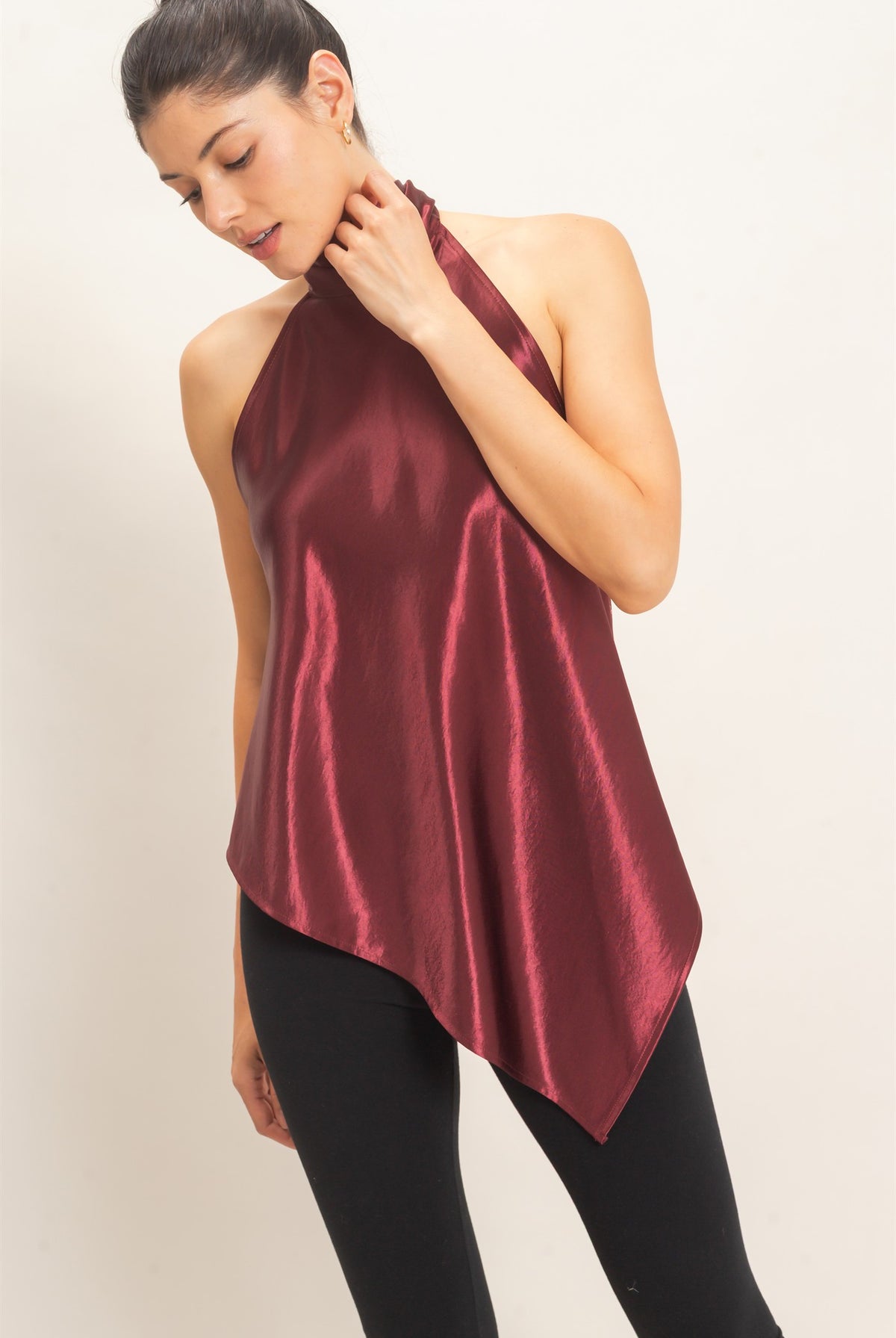 Wholesale Asymmetrical Satin Halter Top Blouses HF26F114 WINE HYFVE