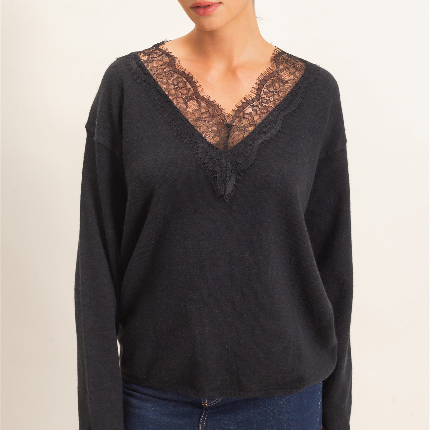 Wholesale Lace Trim V-Neck Sweater Sweaters DZ26E327 BLACK DOUBLE ZERO