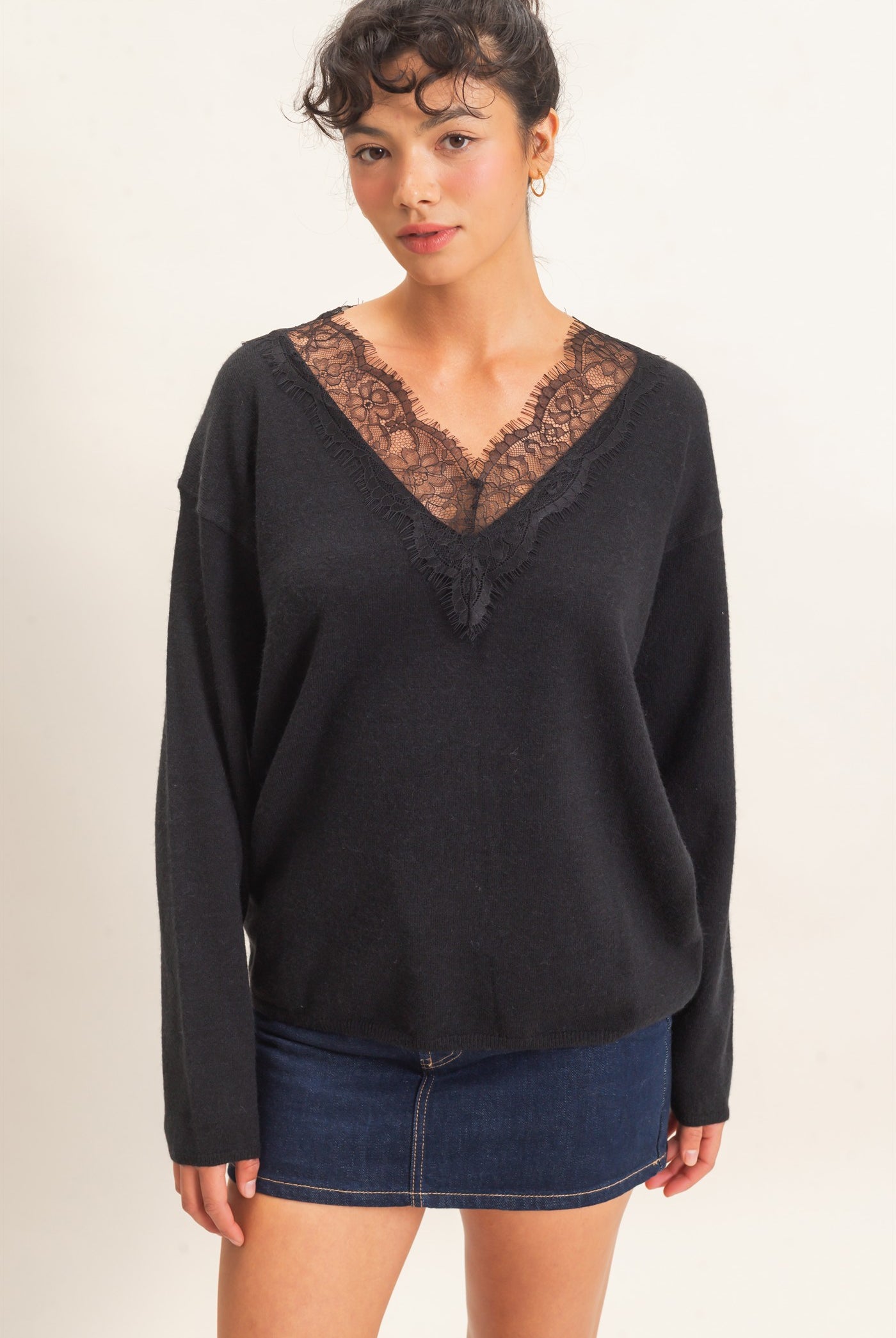 Wholesale Lace Trim V-Neck Sweater Sweaters DZ26E327 BLACK DOUBLE ZERO