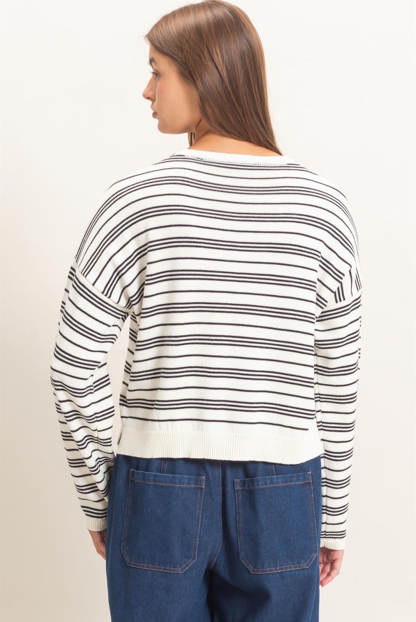Wholesale Striped Henley Sweater Sweaters DZ26E113 CREAM DOUBLE ZERO